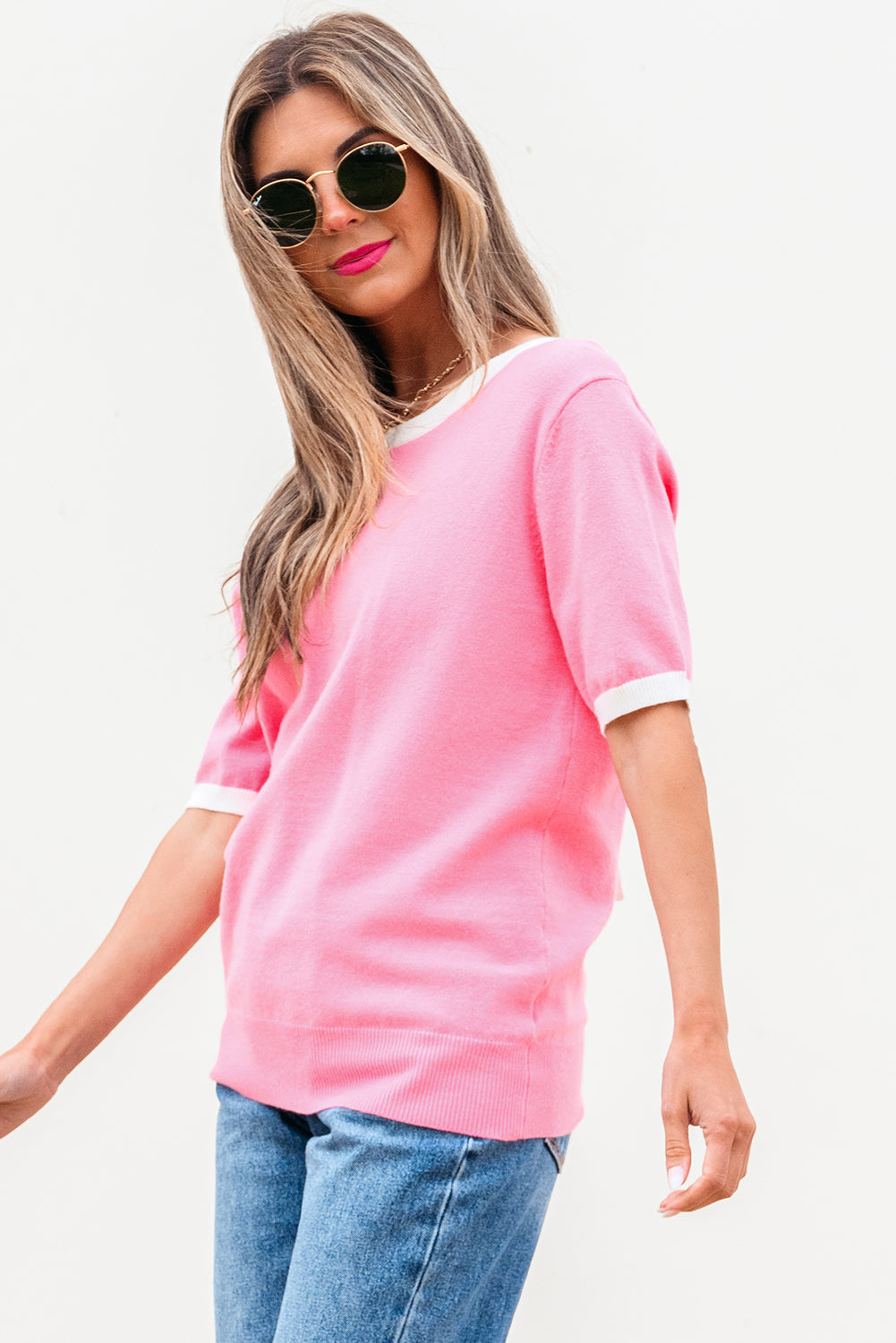 Colourblock Bow V-Shape Cut Back Short Sleeve Sweater eAura