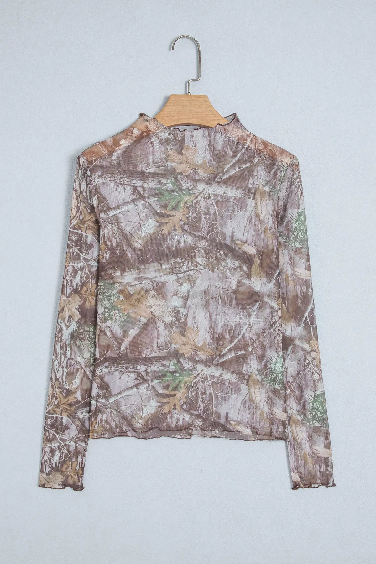 Western Print Slim Fit Mesh Mock Neck Long Sleeve Top