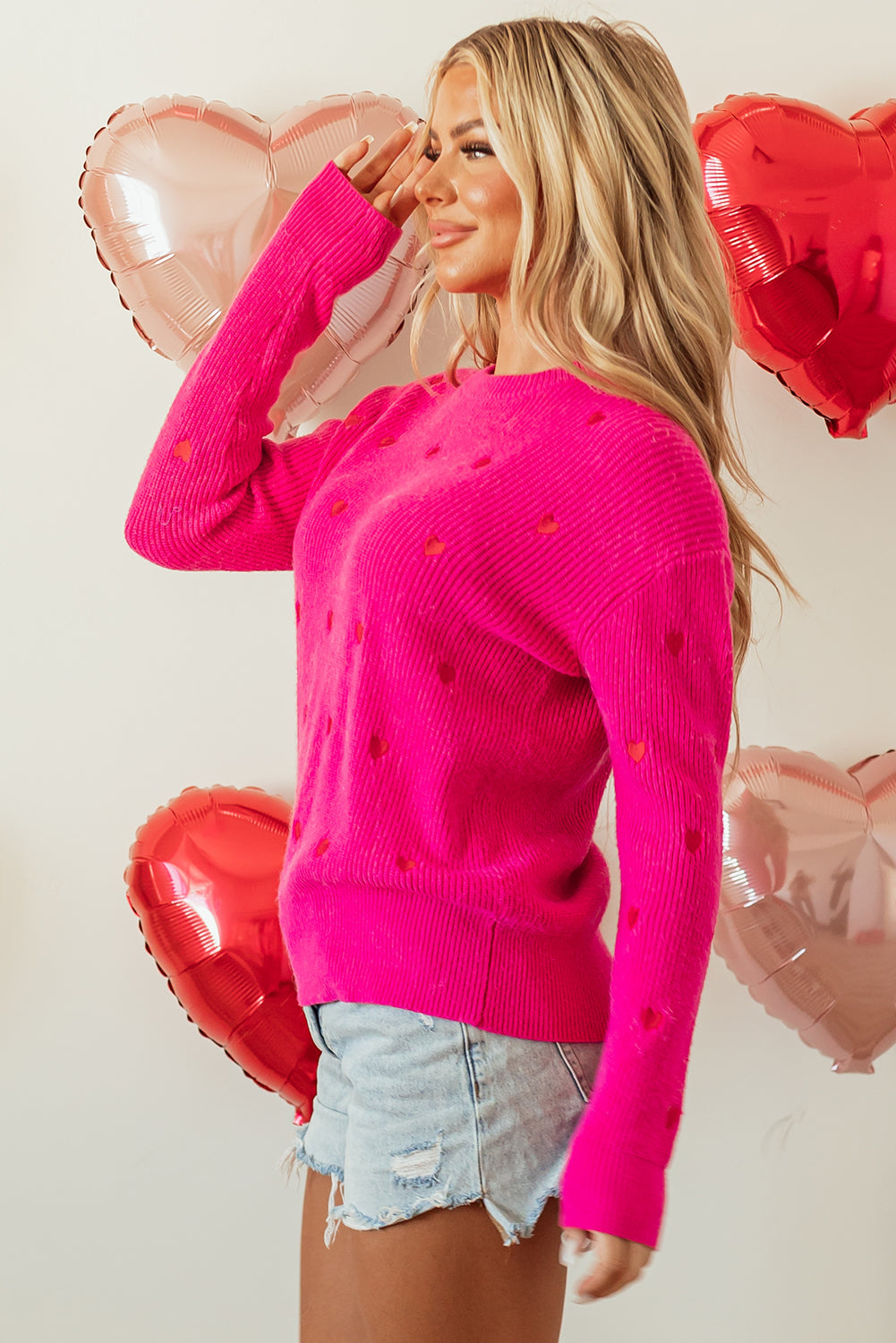 Rose Red Heart Shape Drop Shoulder Round Neck Sweater eAura