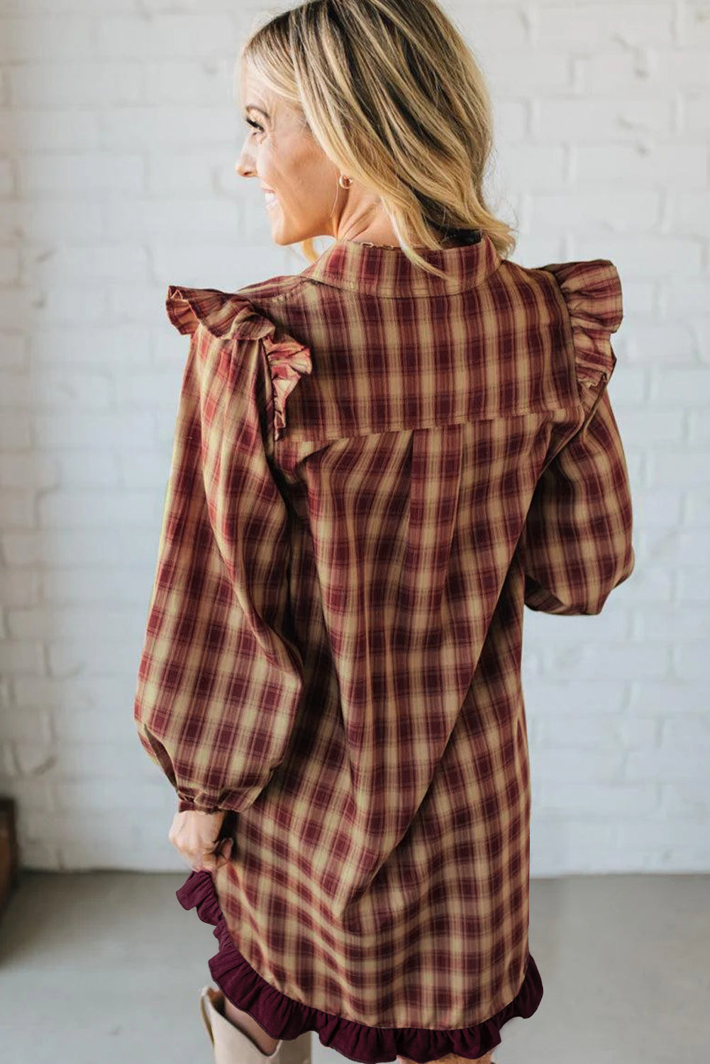 Plaid Print Ruffled Long Sleeve Hem Mini Shirt Dress - eAura
