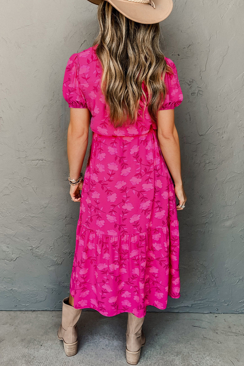 Rose Red Floral Print Pleated Drawstring Flowy Midi Dress eAura