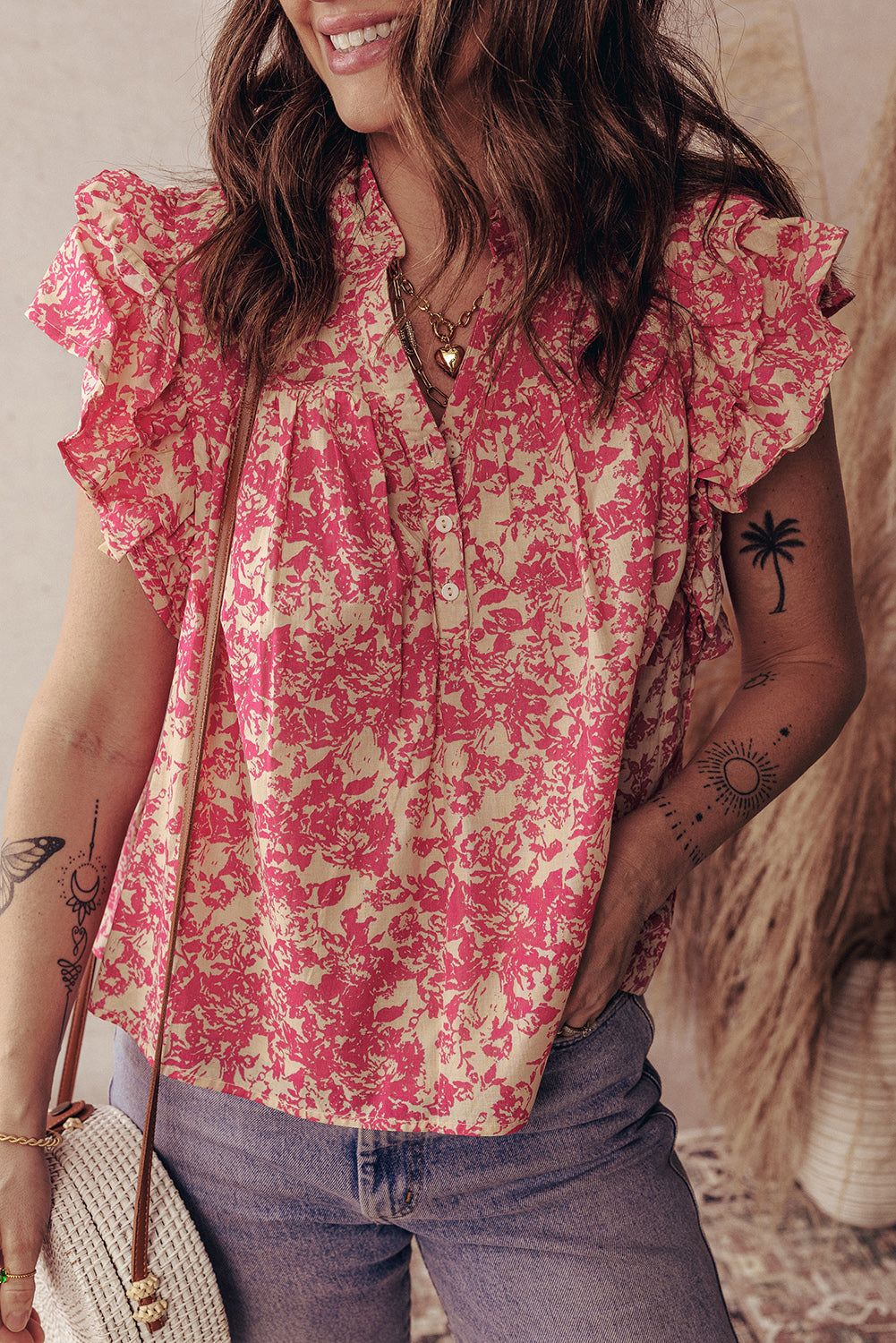Rose Allover Print Half Button Neck Ruffle Sleeve Blouse eAura