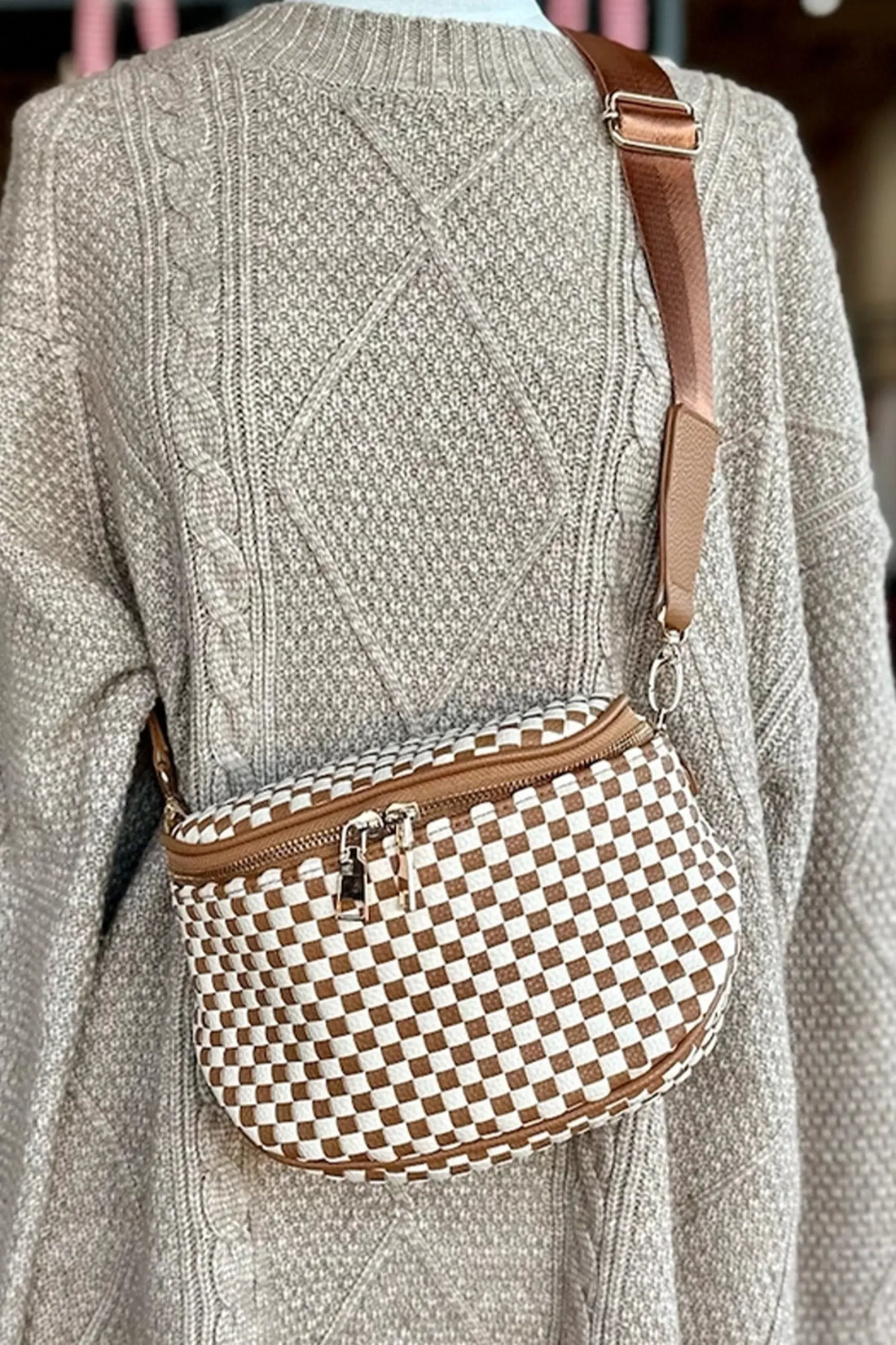 Checkerboard Woven Zip Crossbody Bag