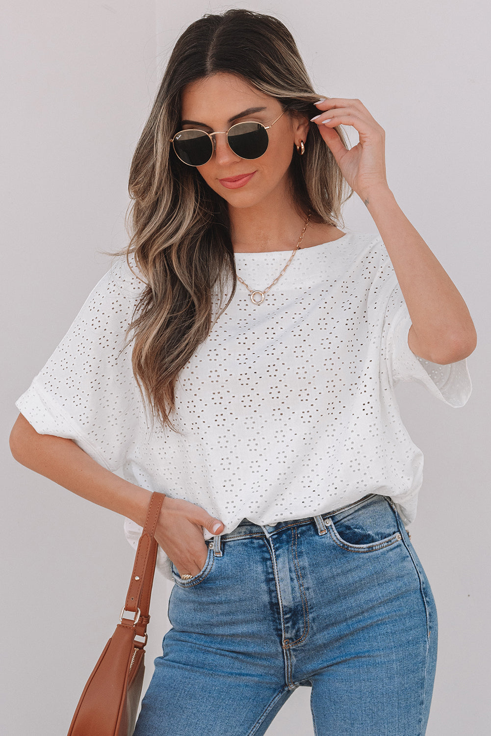 White Eyelet Pattern Boat Neck Casual Tee eAura