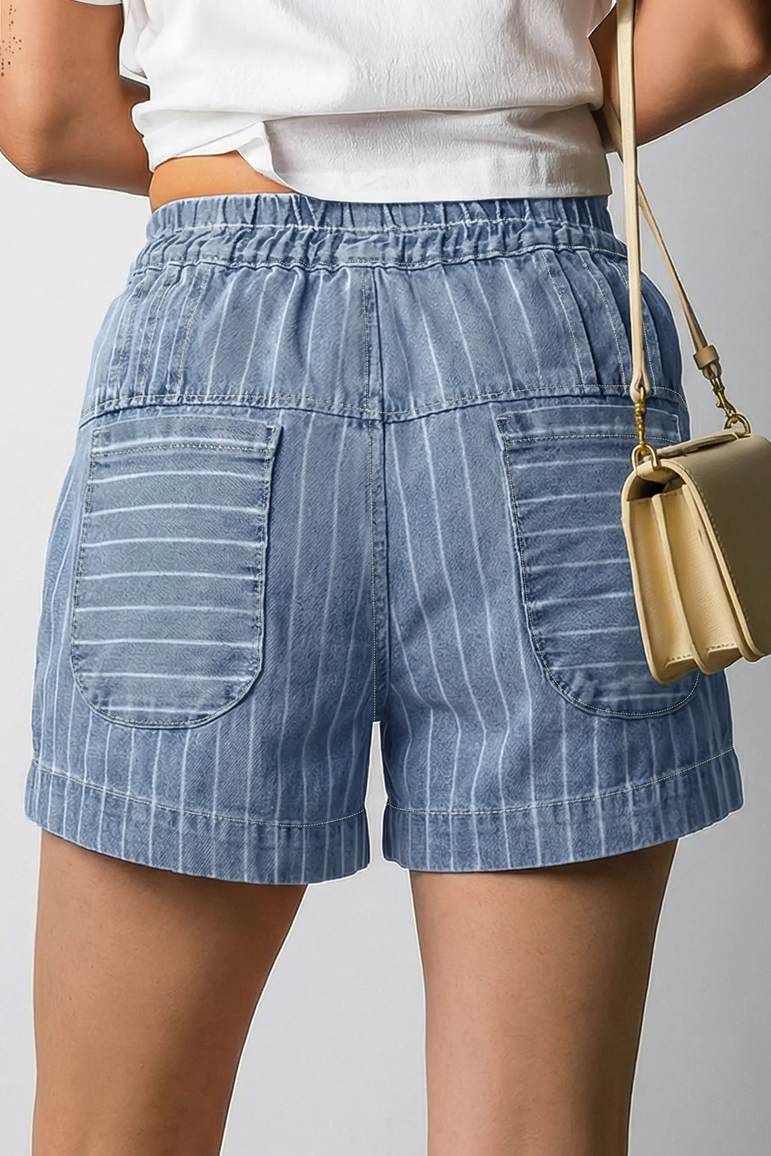 Sky Blue Stripe Drawstring Pleated High Waist Denim Shorts