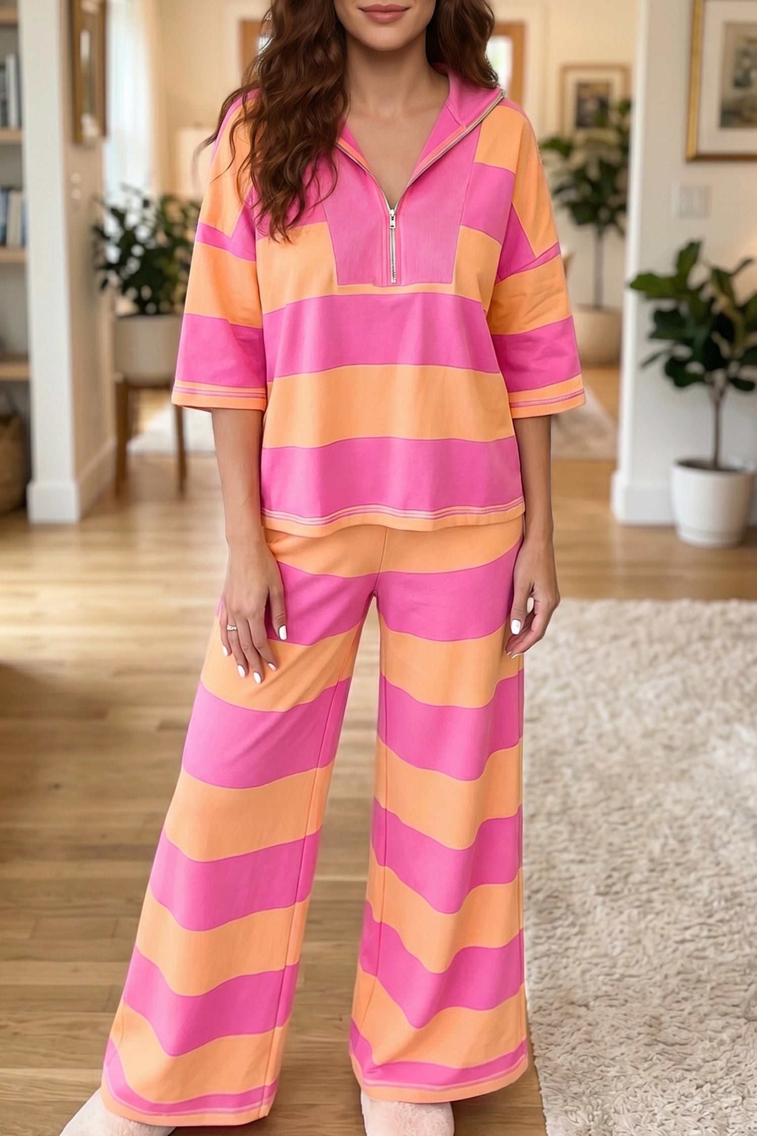Colorblock Half Sleeve Top Casual Loose Pants 2pcs Set – Orange Stripe