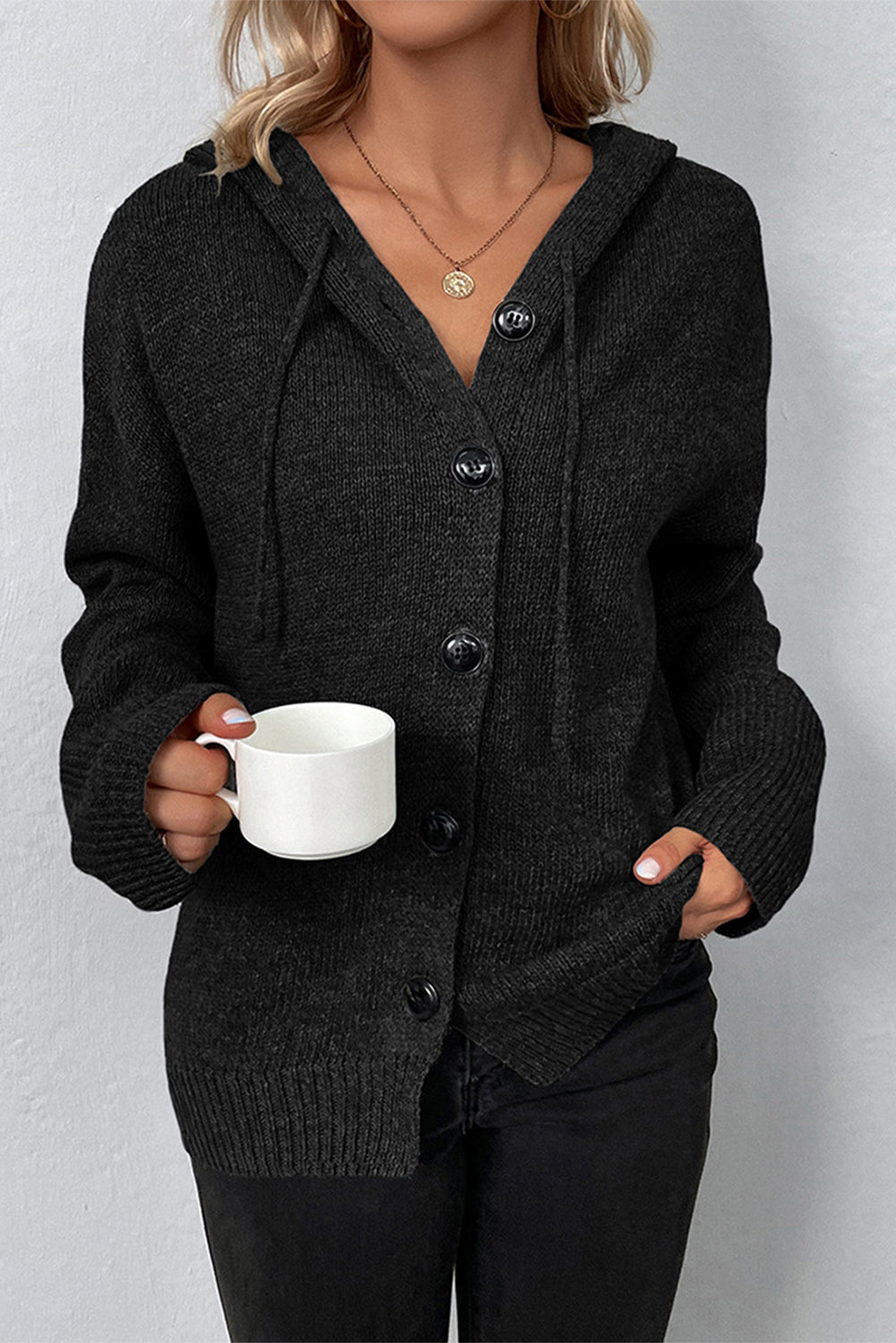 Medium Grey Drawstring Hooded Button Up Drop Shoulder Sweater Cardigan eAura