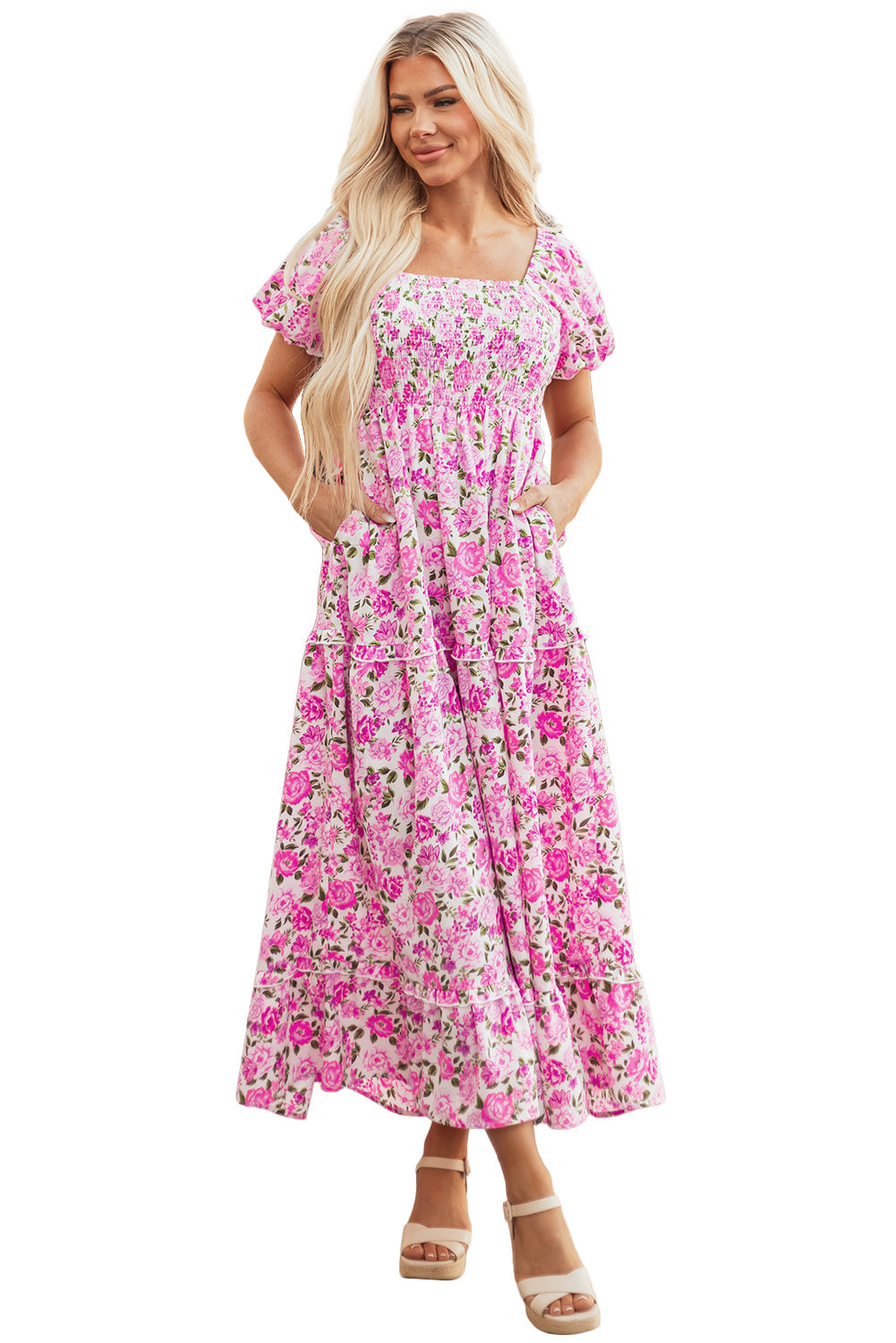 Pink Dainty Floral Smocked Puff Sleeve Flowy Long Dress eAura