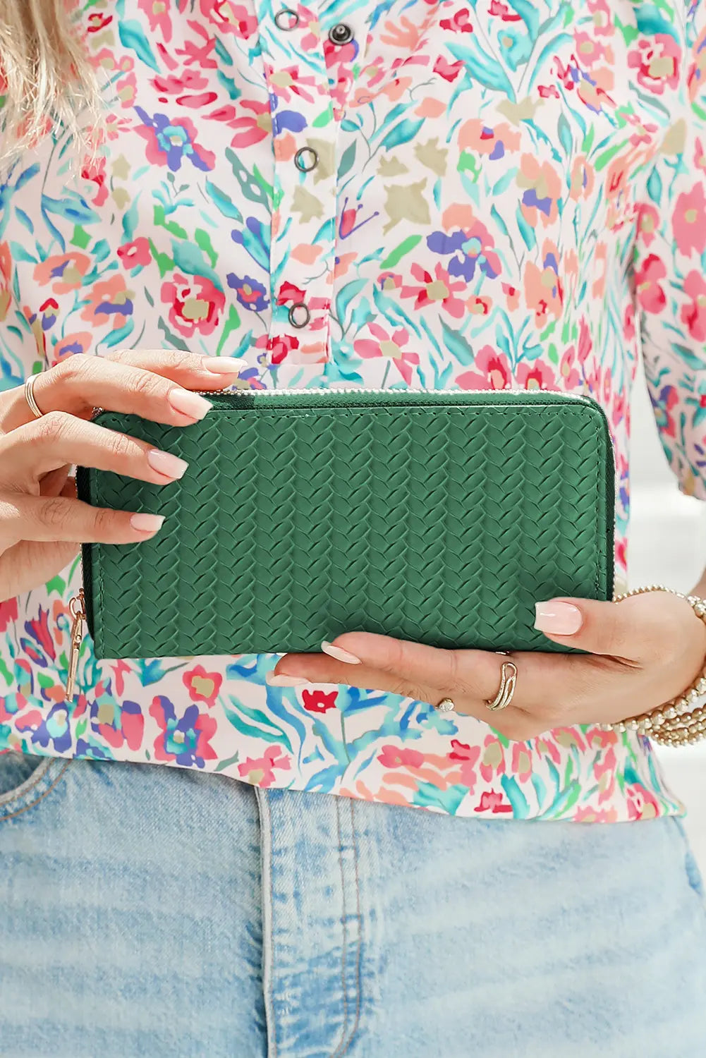 Blackish Green Woven Textured Zip Around Long Wallet