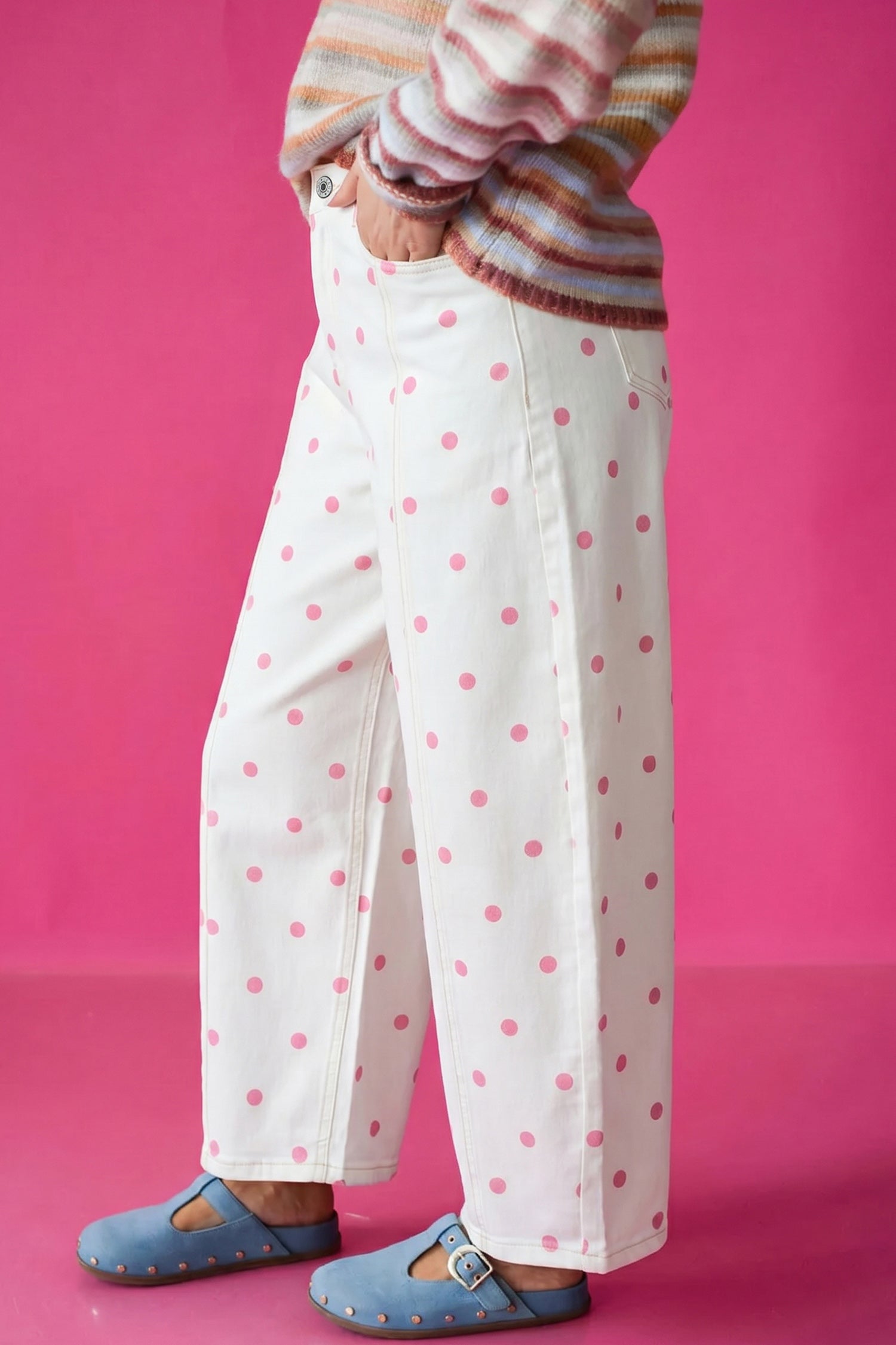 Polka Dot Print Seam Detail Barrel Jeans – Pink