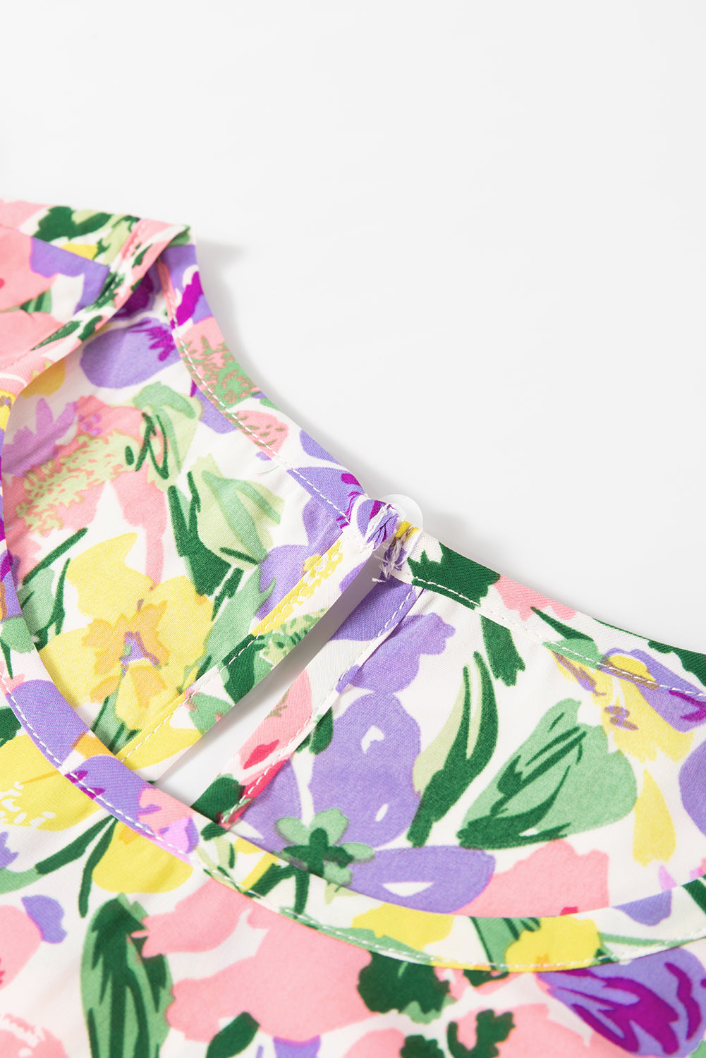 Purple Floral Print Puff Short Sleeve Crew Neck Blouse eAura