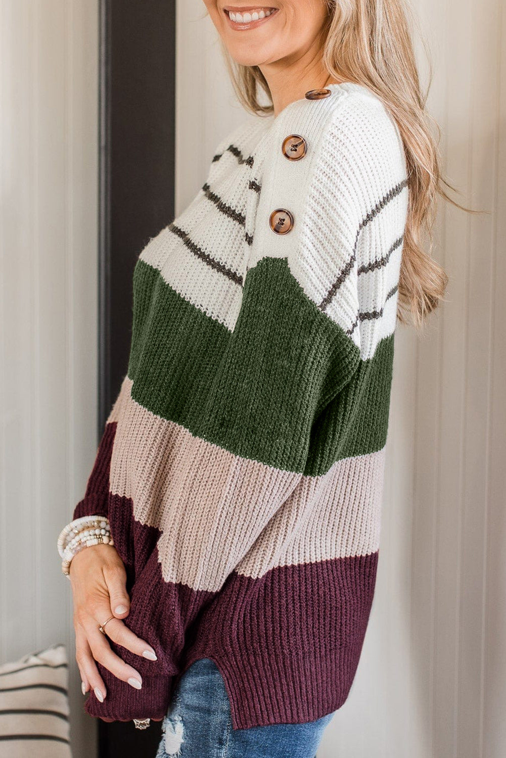 Green Colour Block Striped Buttoned Shoulder Split Sweater eAura