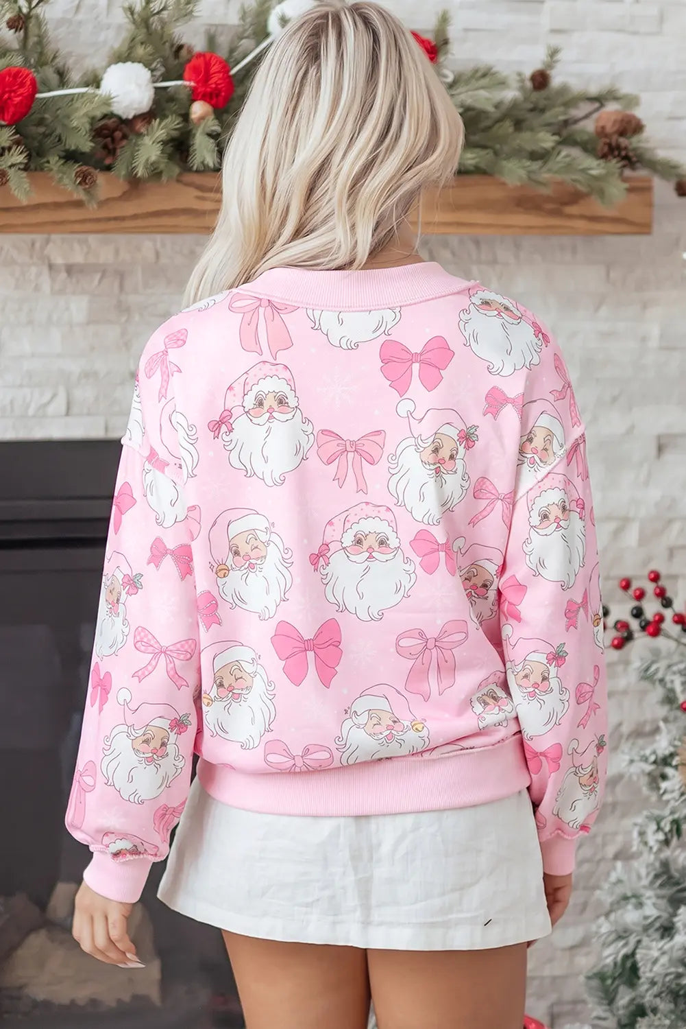 Abstract Santa Print Drop Shoulder High Neck Sweatshirt