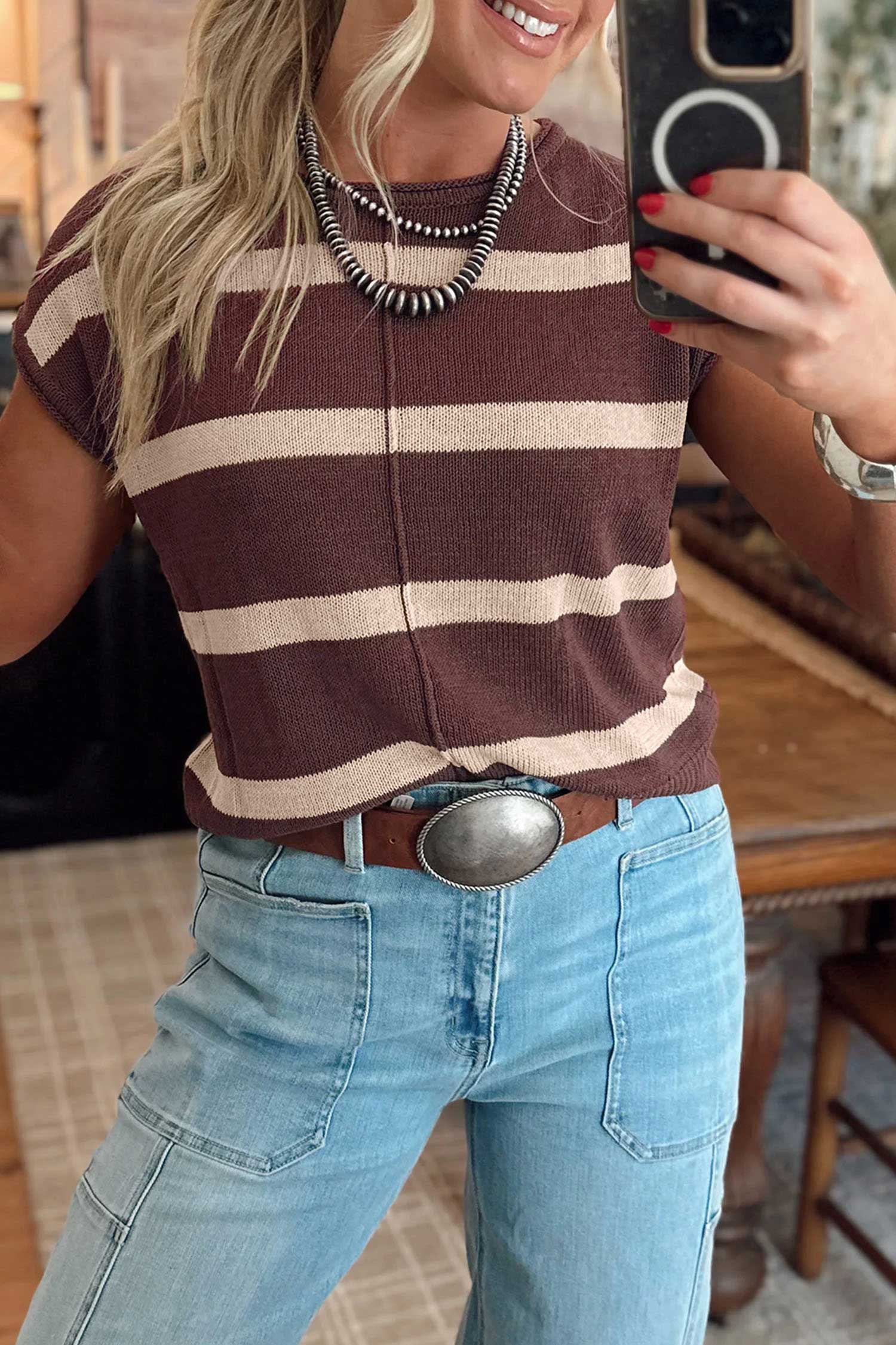 Knit Western Short Sleeve Sweater – Brown Stripe