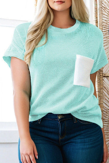 Twisted Rib Contrast Pocket Knit Crew Neck Plus Size T-Shirt BB Fashion Outlet