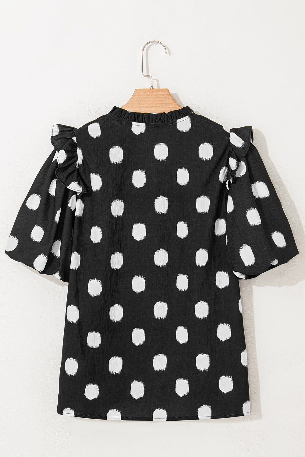 Black Polka Dot Print Shirred Yoke Notched Neck Balloon Sleeve Blouse eAura