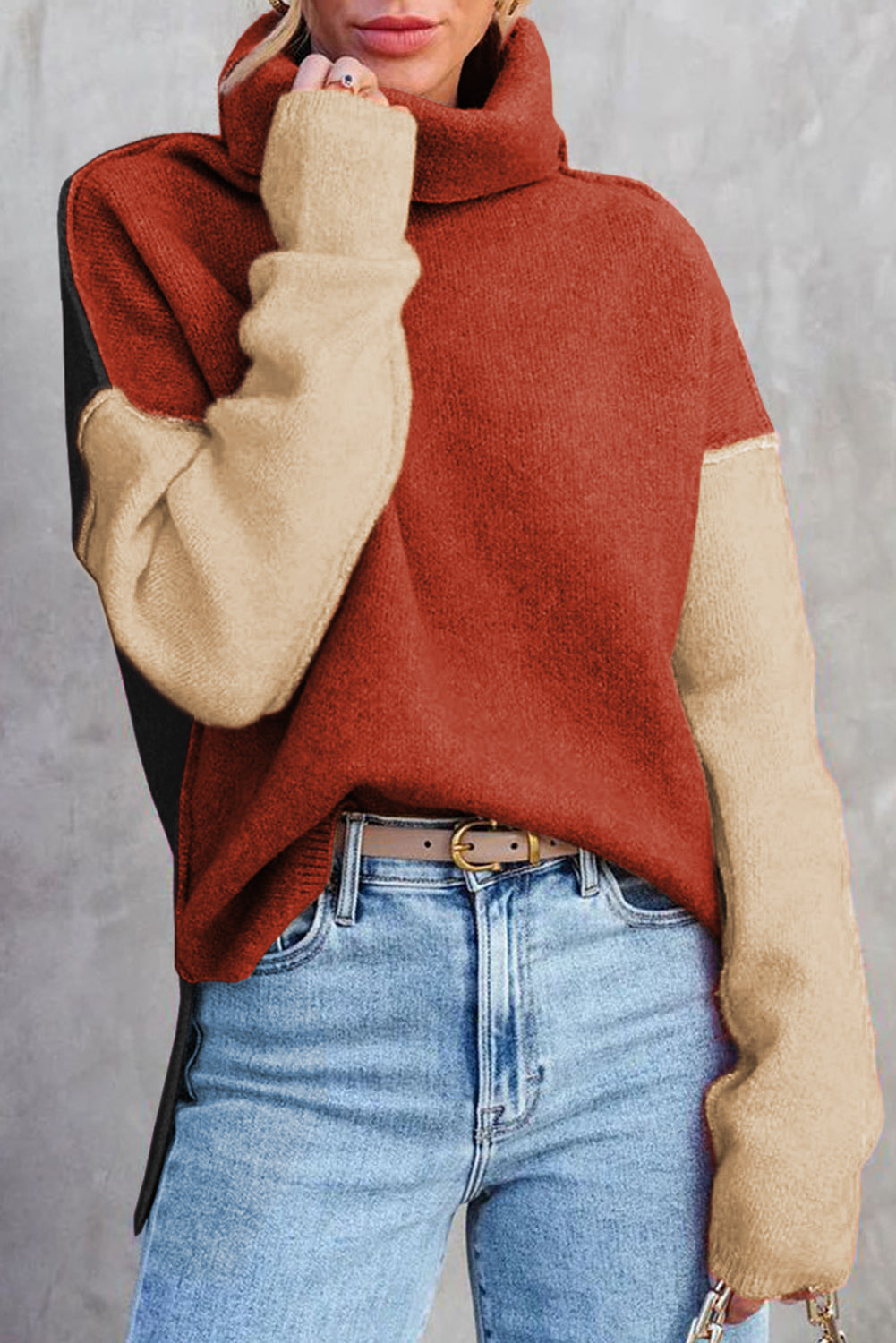 Colour Block Turtle Neck Drop Shoulder Knit Sweater Dear-Lover Dropshipping
