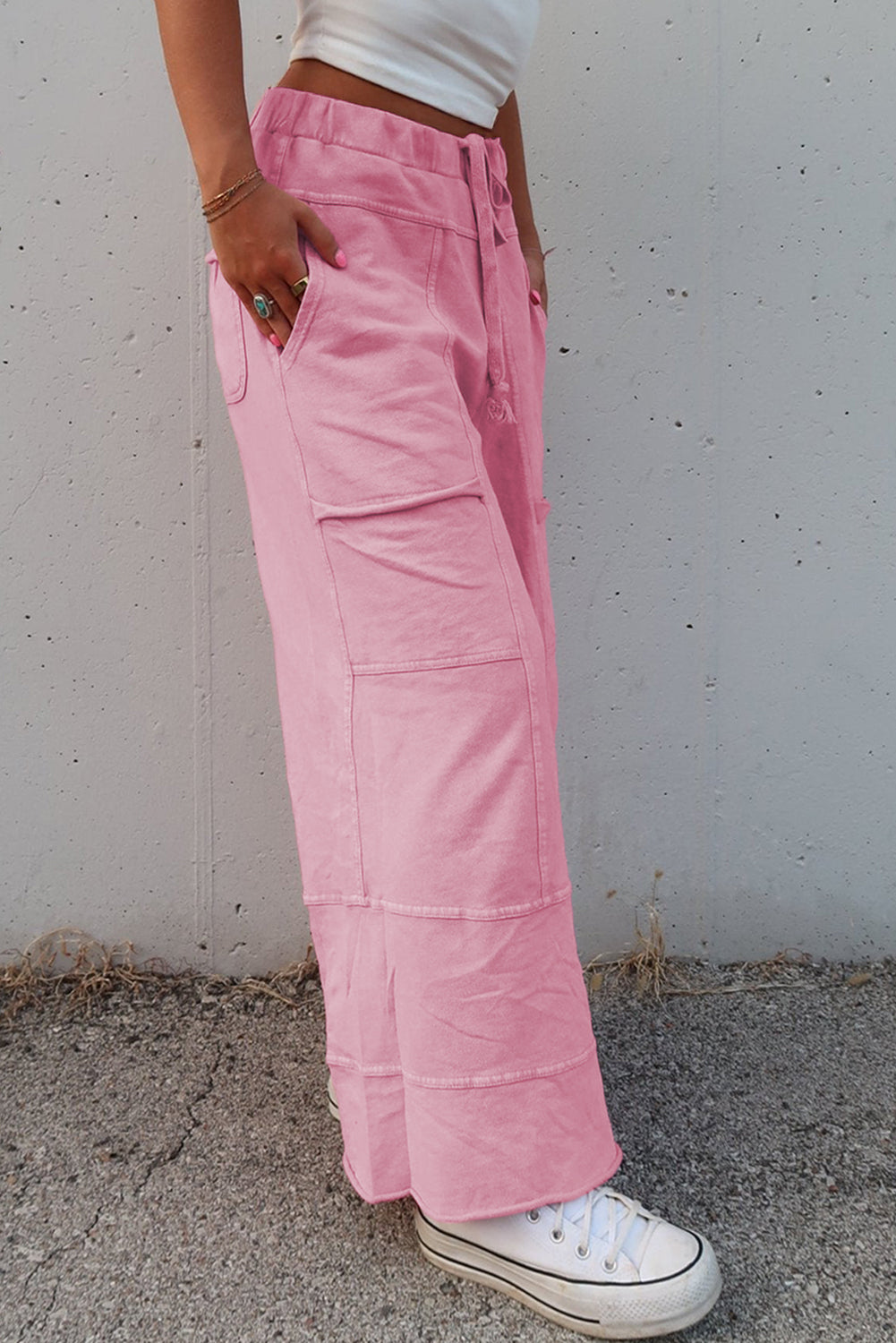 Mineral Wash Exposed Seam Drawstring High Waist Wide Leg Cargo Trousers eAura