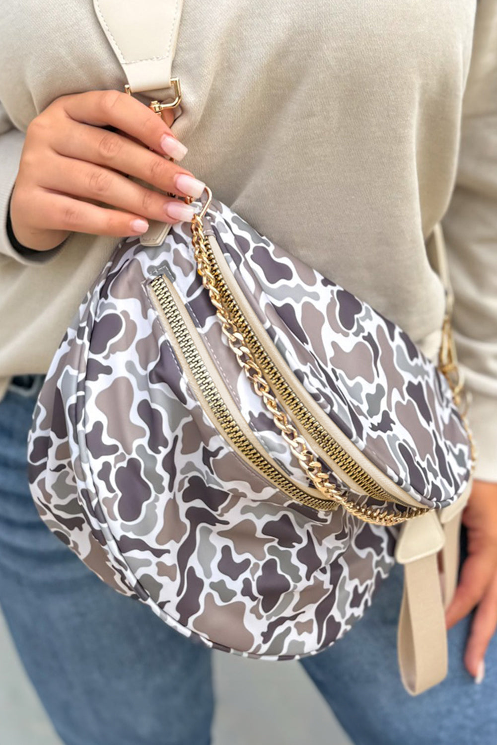 Black Camouflage Print Double Zipper Crossbody Bag