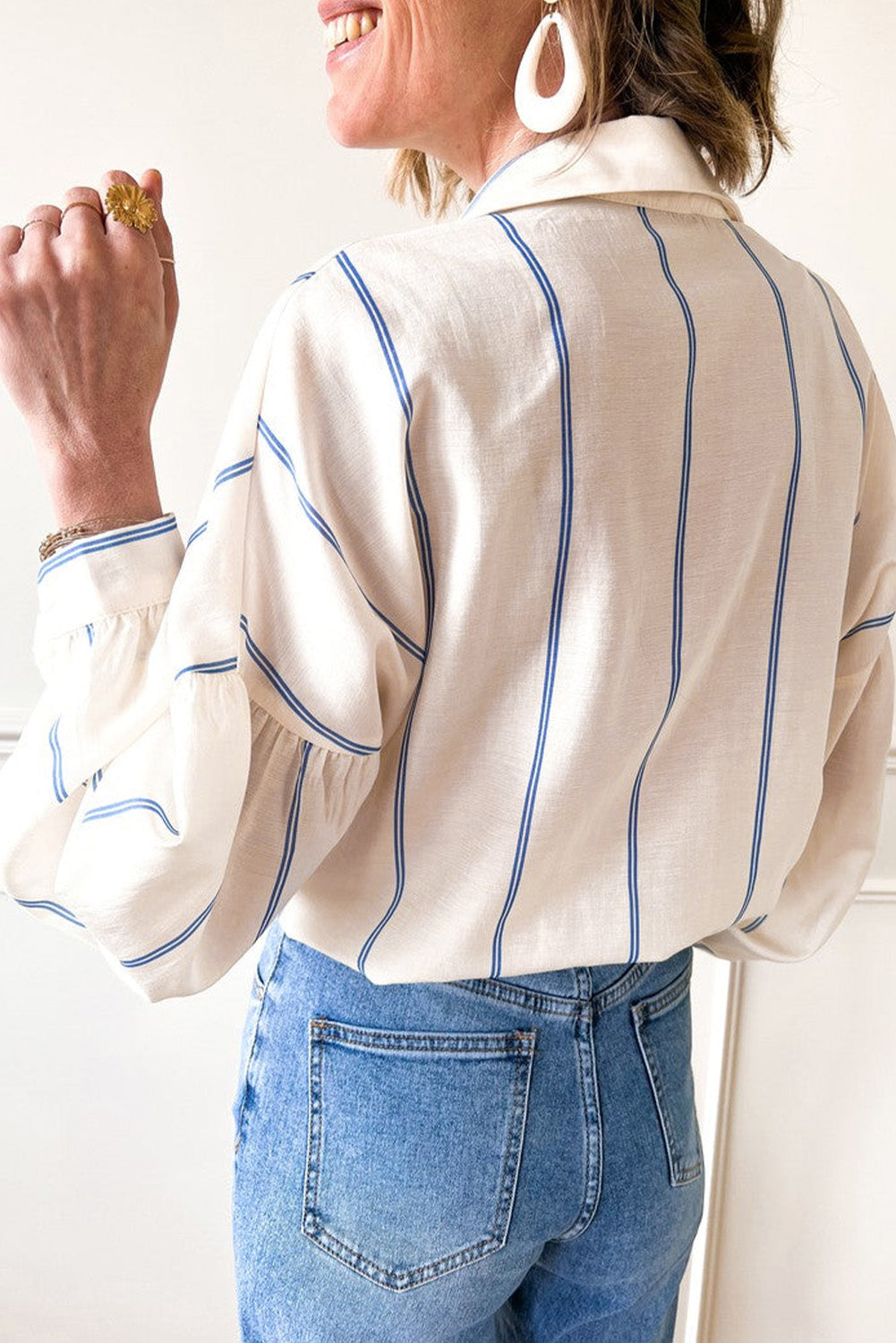 Sky Blue Stripe Drop Shoulder Bubble Sleeve Loose Shirt eAura