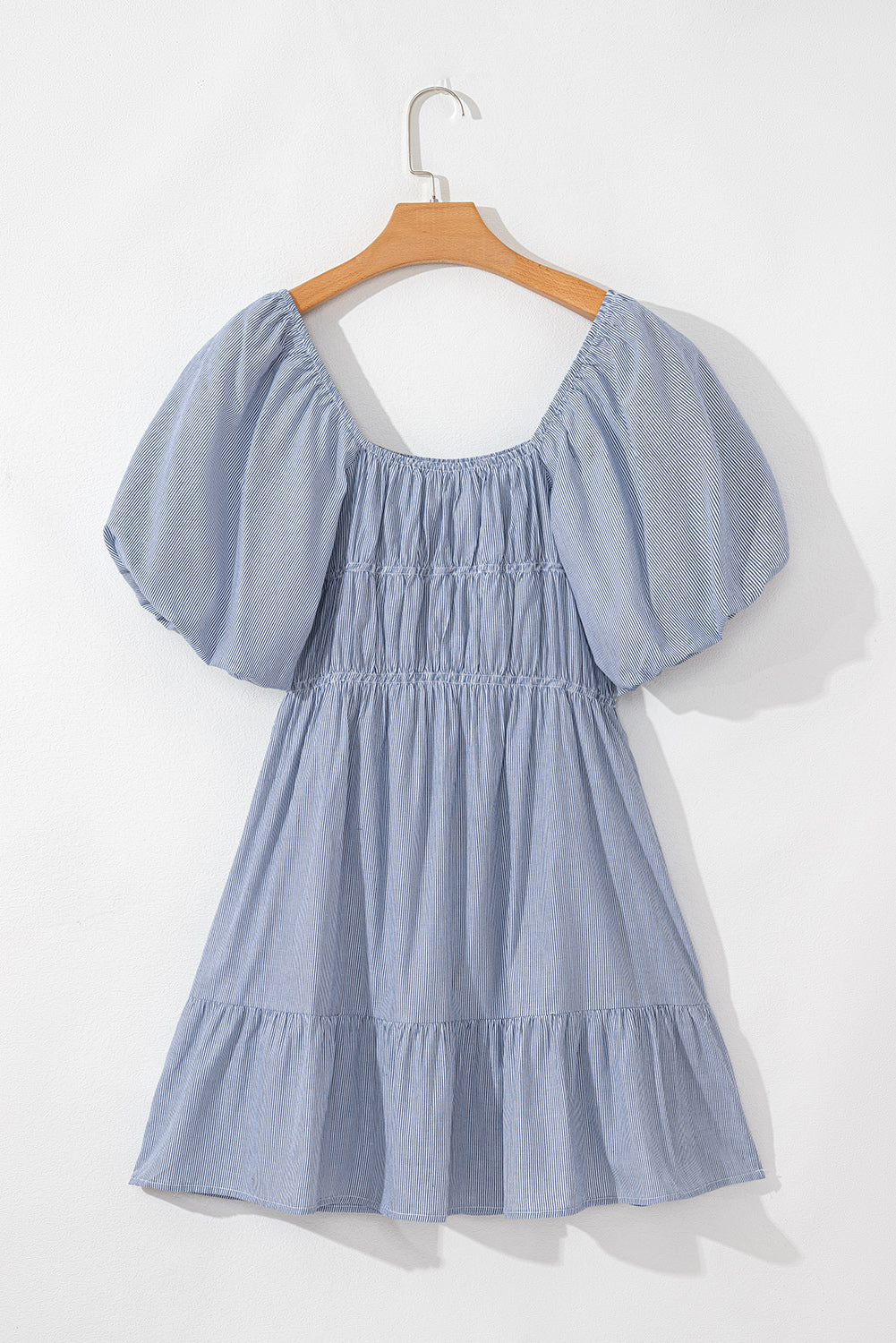 Sky Blue Stripe Bubble Sleeve Square Neck Ruched Pocketed Babydoll Dress eAura