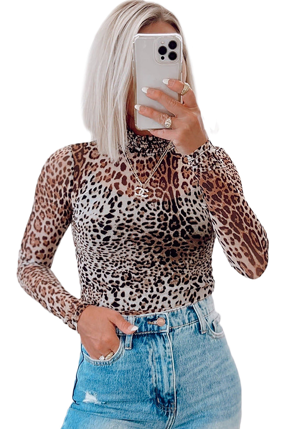 Brown Leopard Smocked Neck Mesh Long Sleeve Bodysuit eAura
