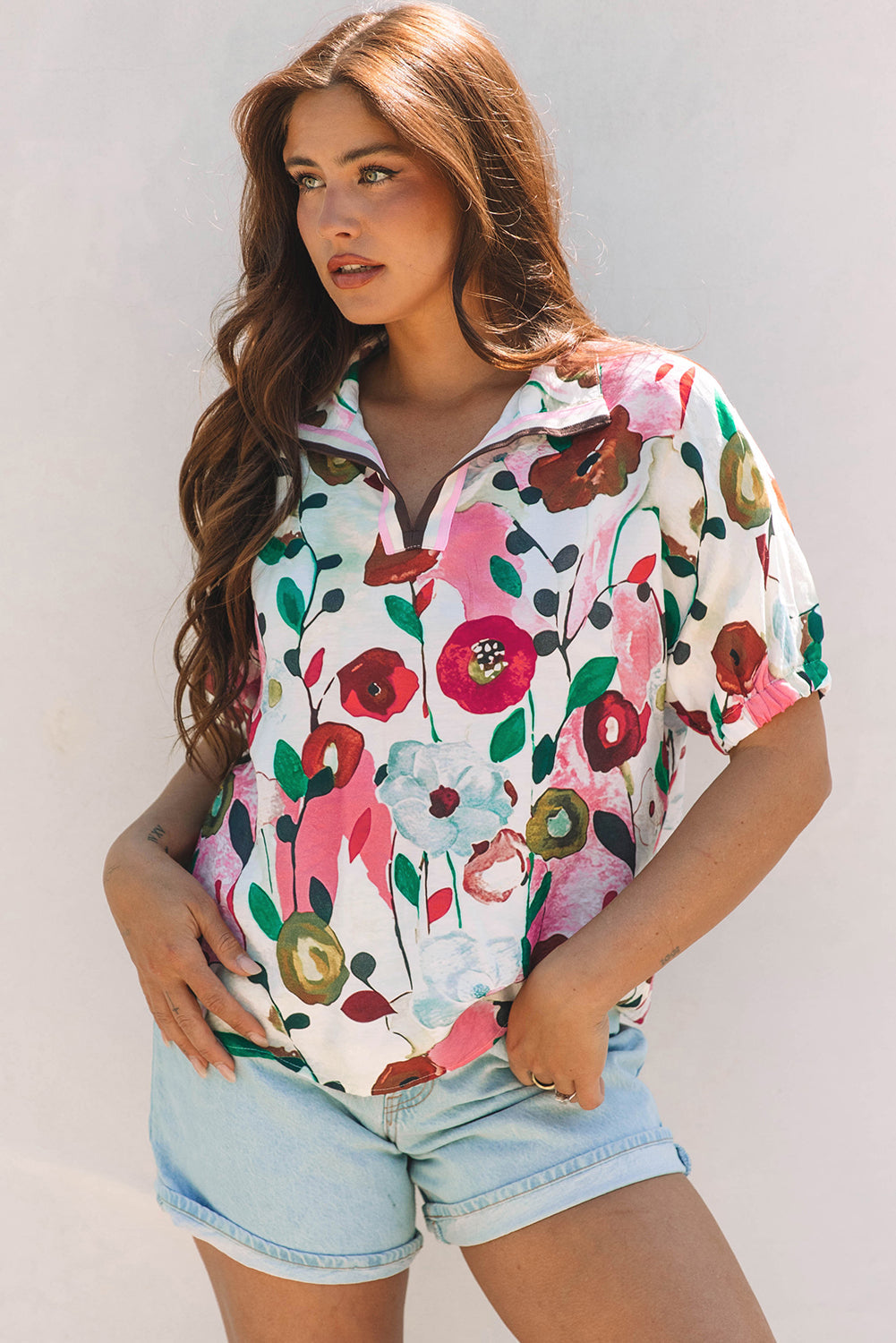 Pink Floral Print Slit V Neck Short Sleeve Blouse eAura