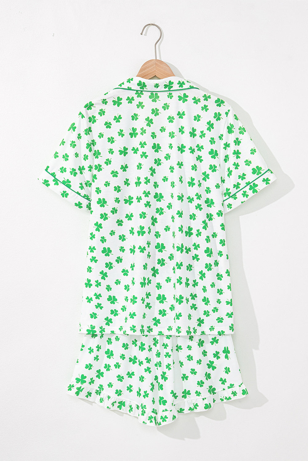 Green Clover Printed Short Sleeve and Ruffled Shorts Pyjama Set eAura