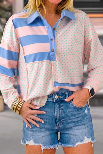 Polo Collar Long Sleeve Top — Patchwork Polka Dot & Stripe