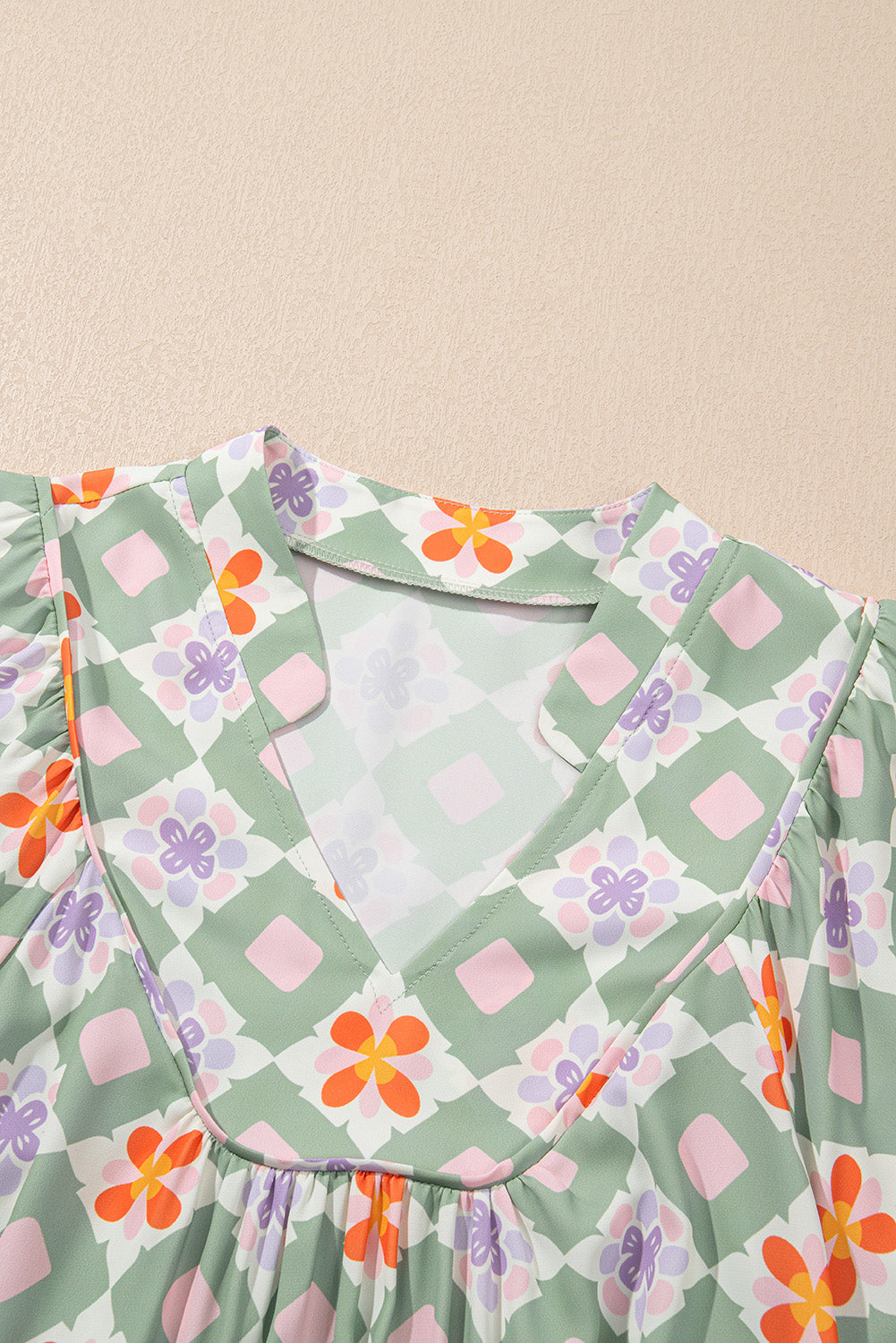 Green Geometric Floral Print 3/4 Sleeve Notched Neck Mini Dress eAura