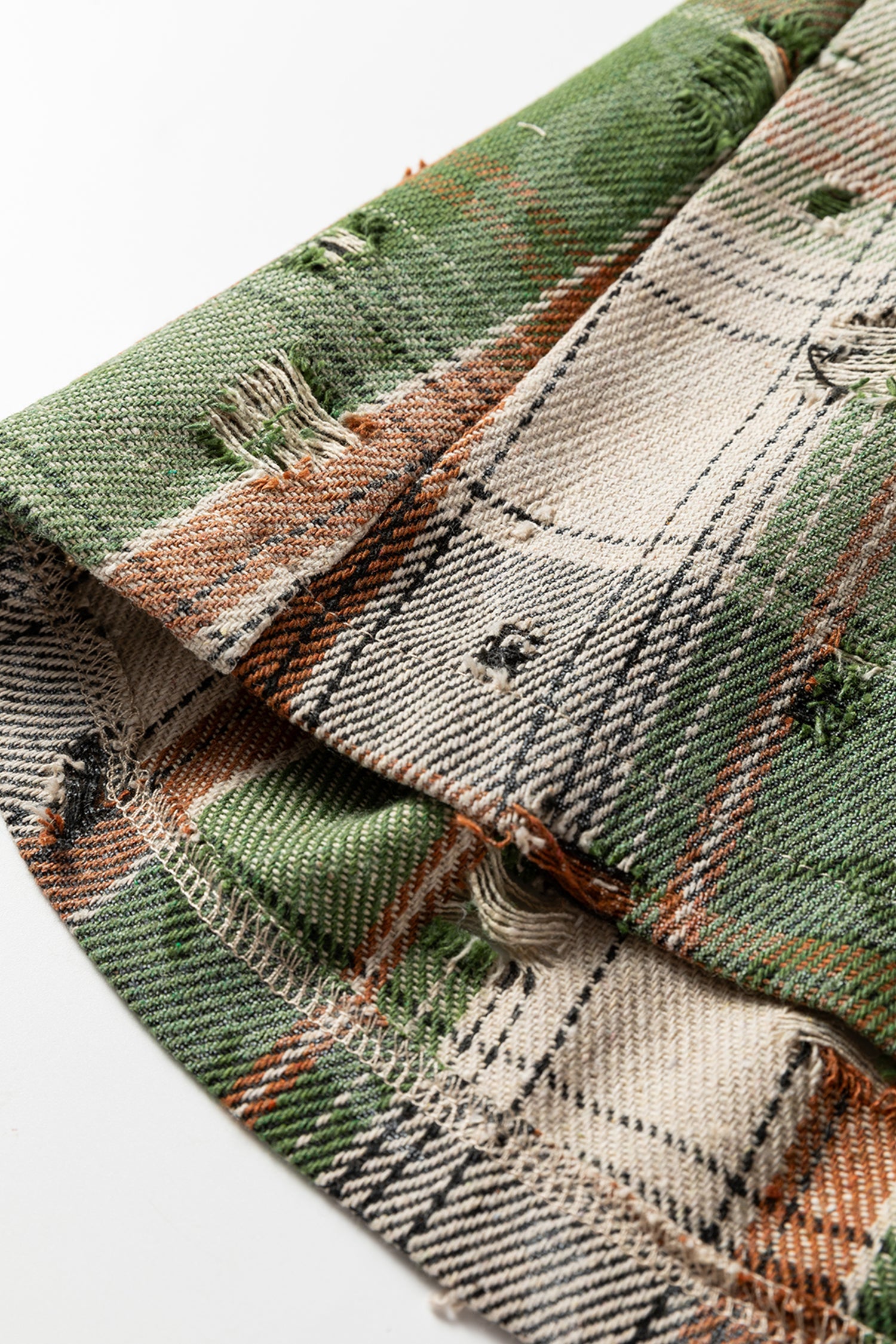 Boho Floral Plaid Patchwork Distressed Detail Ruffled Sleeve Waffle Shacket - Outerwear/Jackets