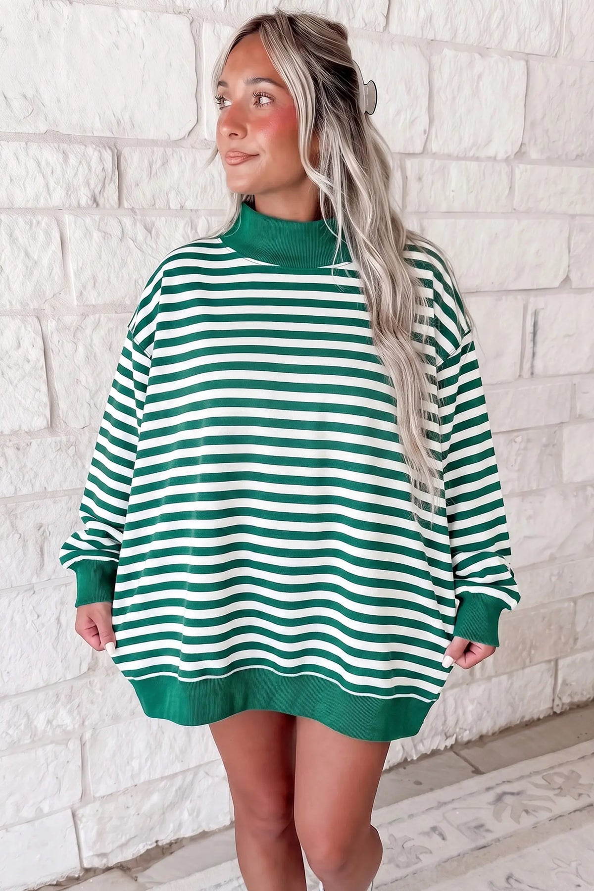 Gray Stripe Cozy Mock Neck Oversized Tunic Sweatshirt
