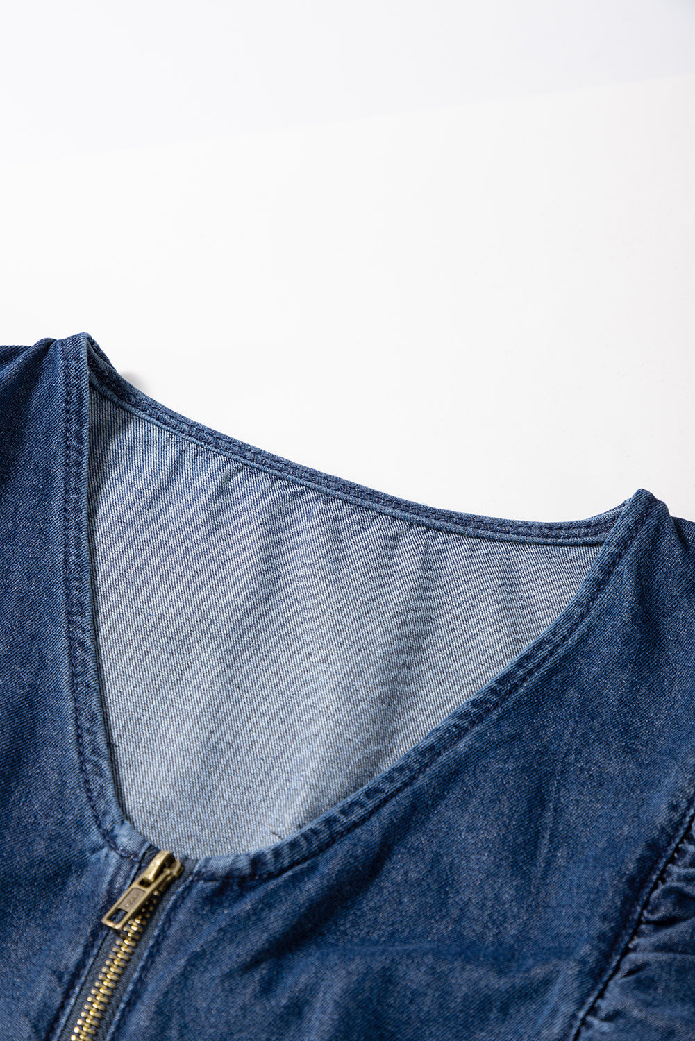 Sail Blue Denim Ruffled Zipped Front Belted Romper eAura