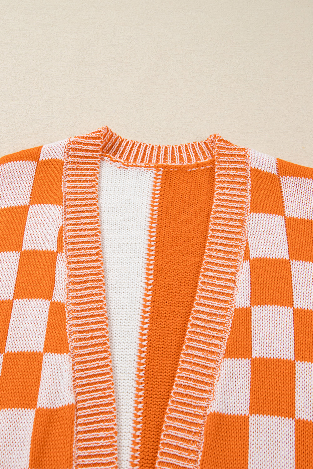 Orange Checkered Bubble Sleeve Drop Shoulder Open Cardigan eAura