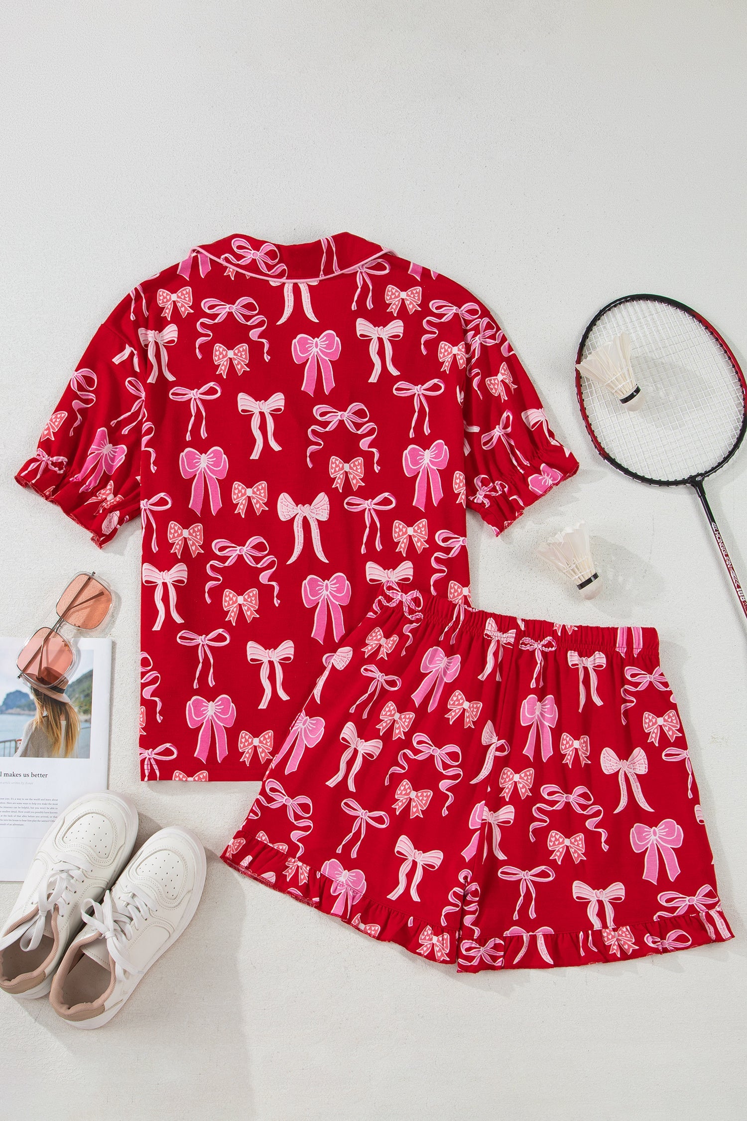 Sweet Bow Print Ruffled Short Sleeve Shirt Shorts Pyjama Set - eAura