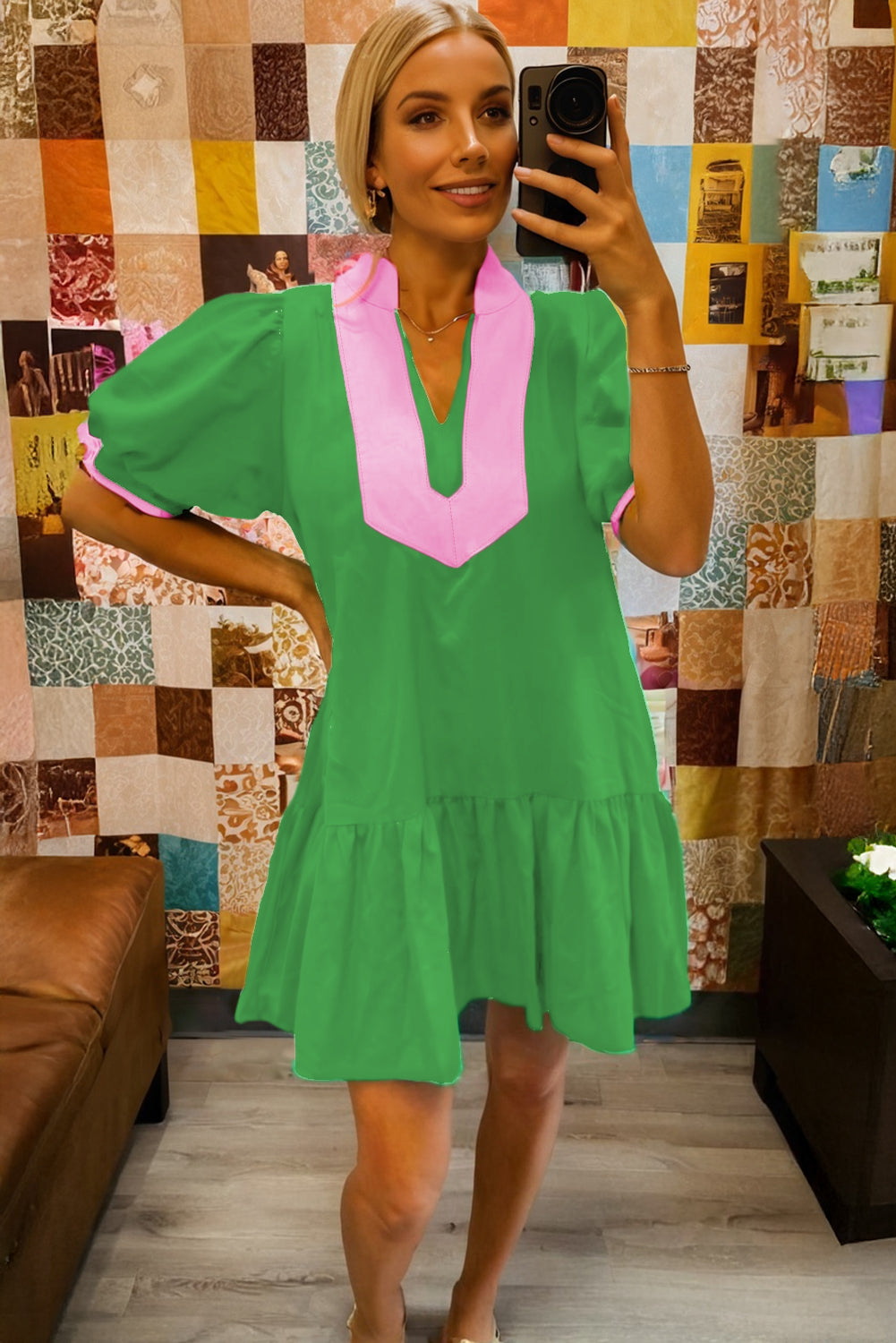 Bright Green Colour Block Detail Split Neck Short Puff Sleeve Ruffle Hem Mini Dress