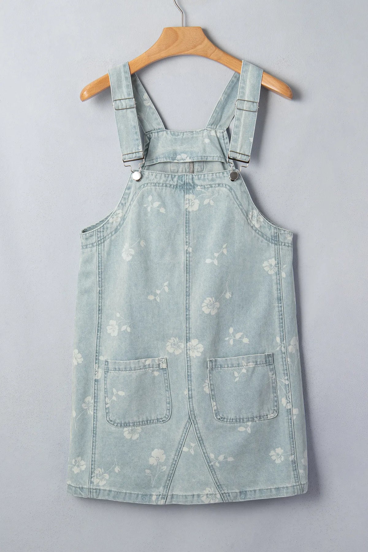 Sky Blue Retro Wash Denim Floral Print Overall Mini Dress – Light Blue