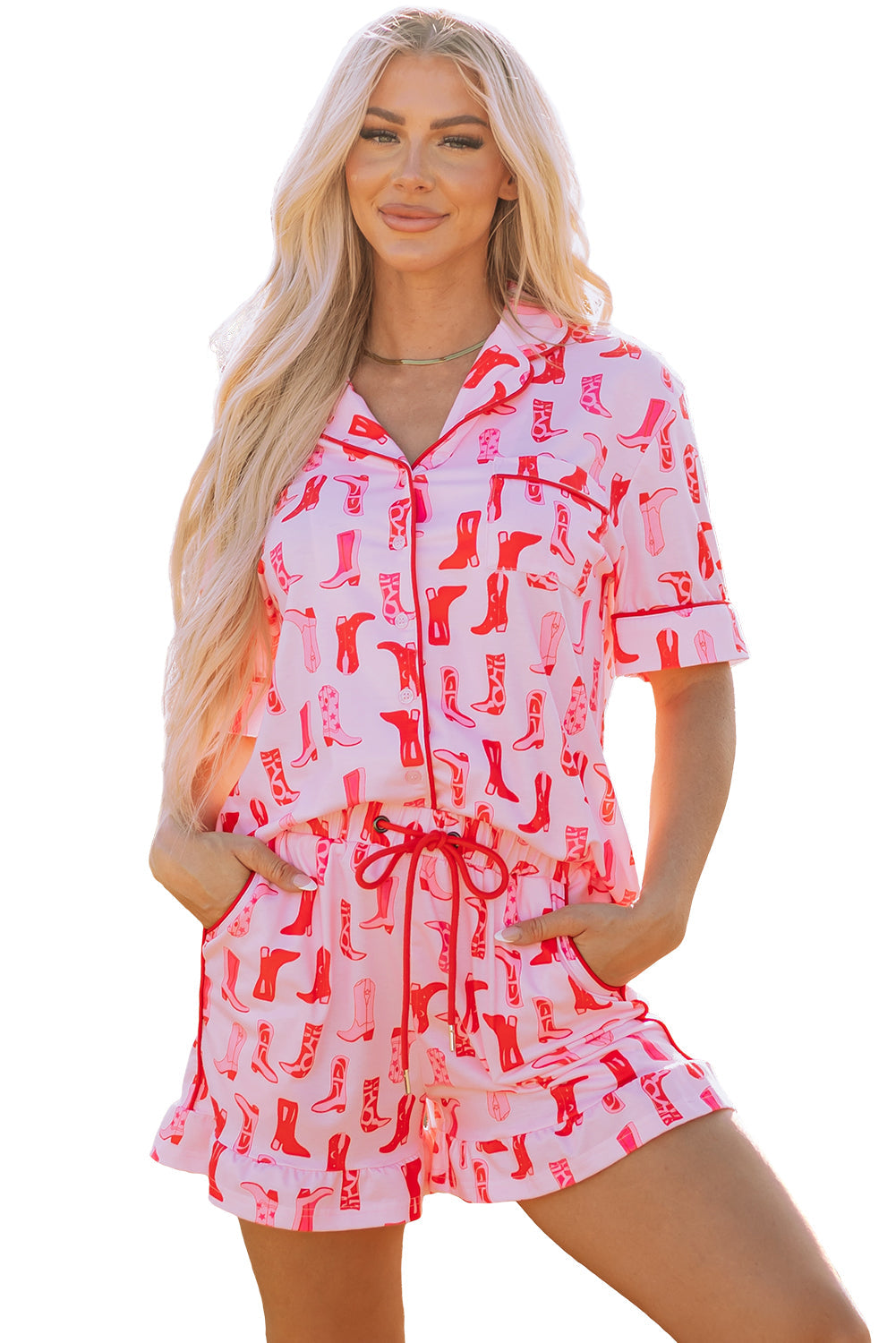 Pink Western Cowgirl Boots Printed Shirt Ruffled Shorts Pyjama Set eAura