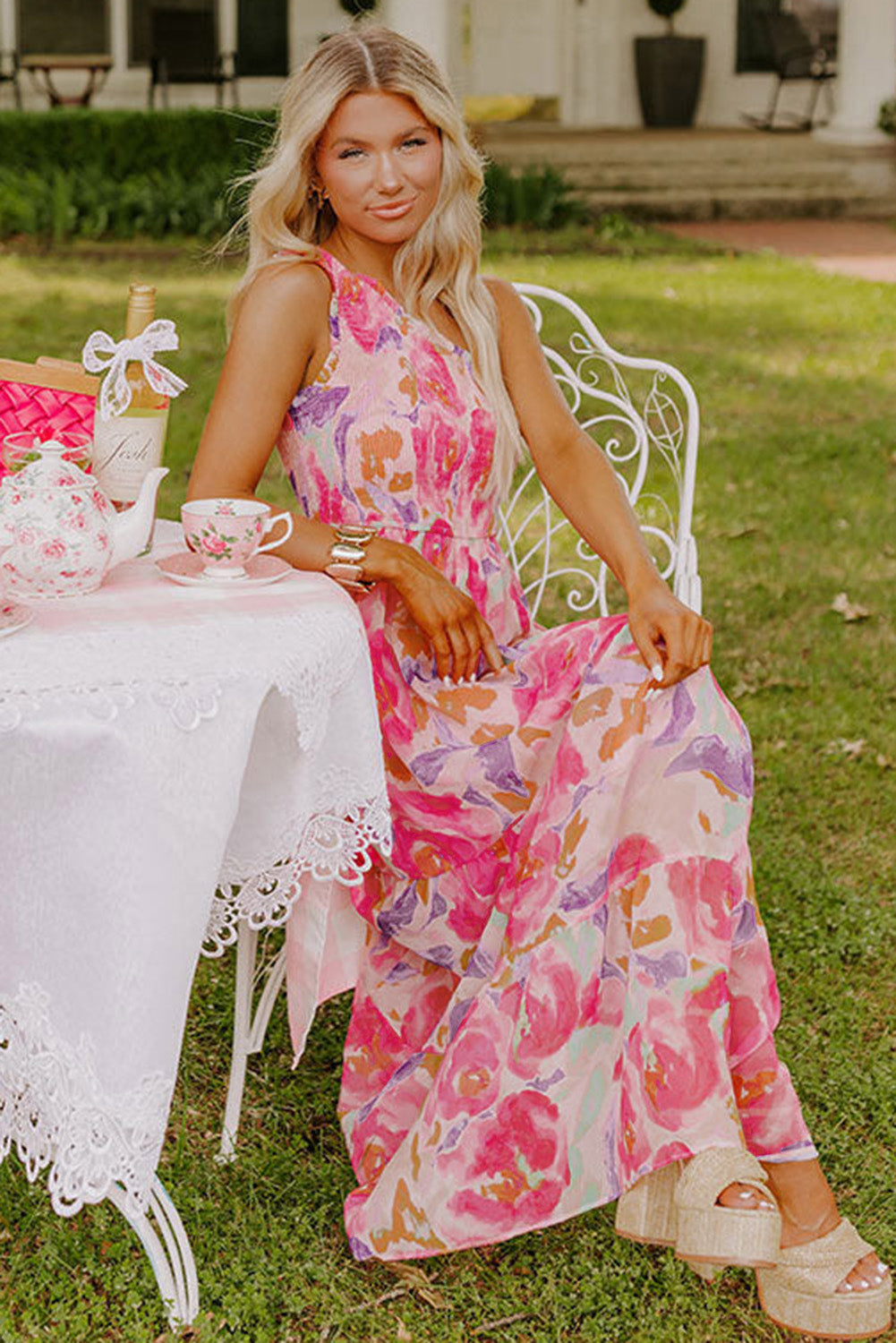 Pink Abstract Floral Print Shirred One Shoulder Maxi Dress eAura