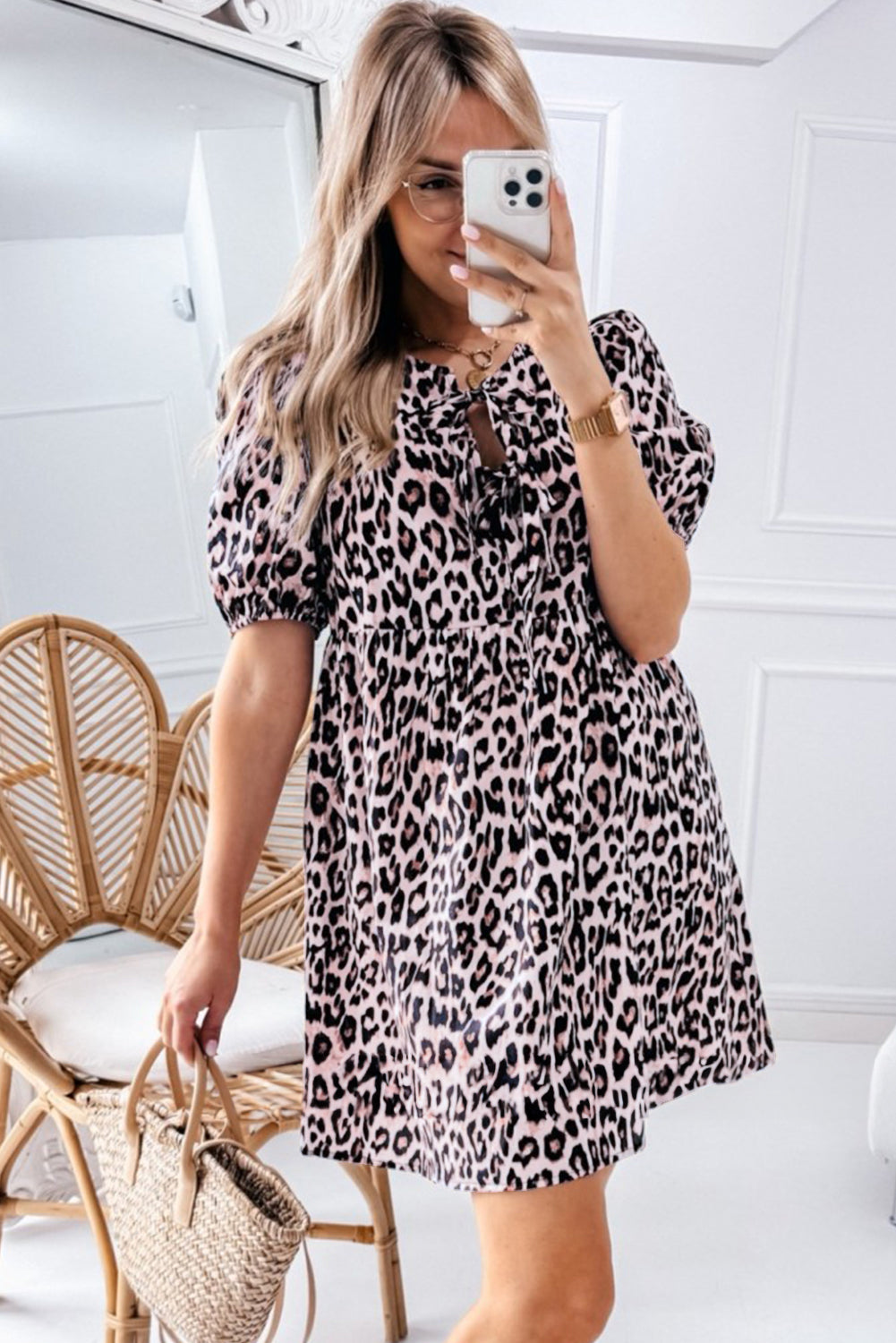 Leopard Print Tied Front Keyhole Puff Short Sleeve Mini Dress eAura