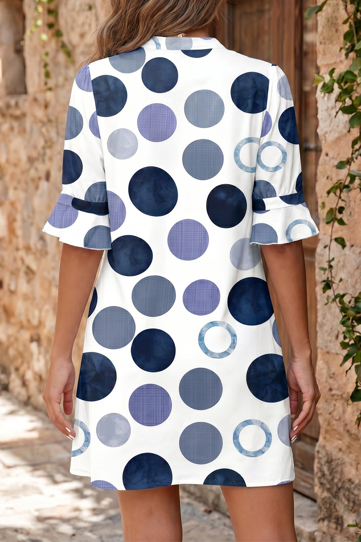 Polka Dot Print Flounced Half Sleeve Casual Vacation Style Mini Dress – Green