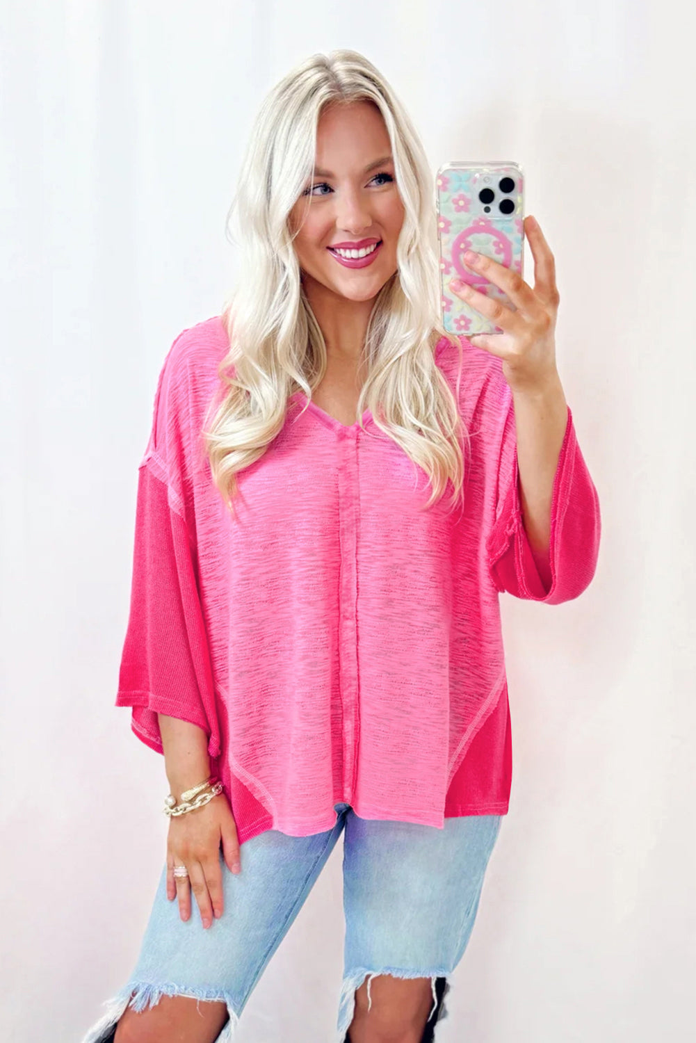 Sachet Pink Contrast Patchwork 3/4 Sleeve V Neck Loose Blouse - eAura
