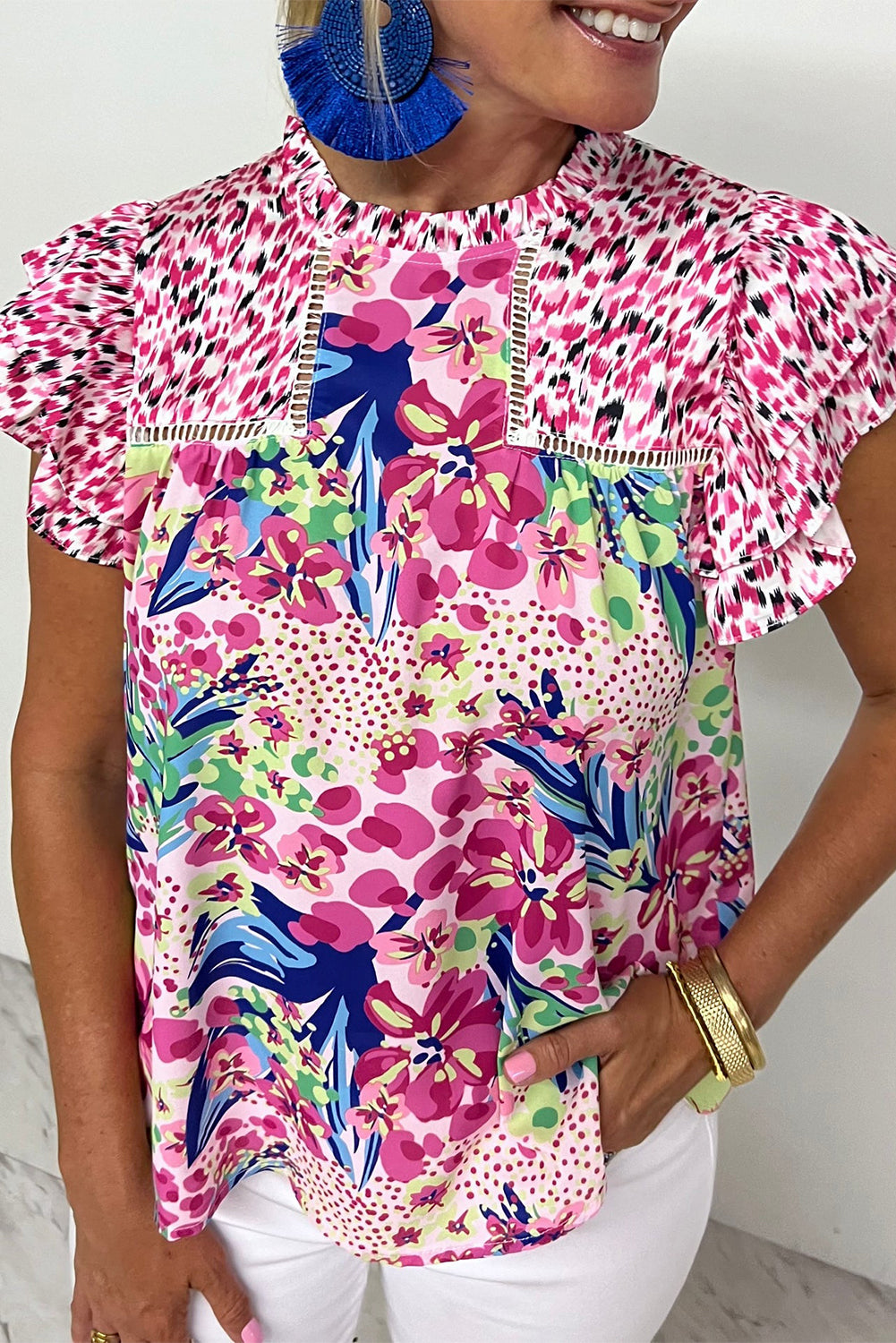 Pink Floral Mixed Print Ruffle Cap Sleeve Blouse eAura