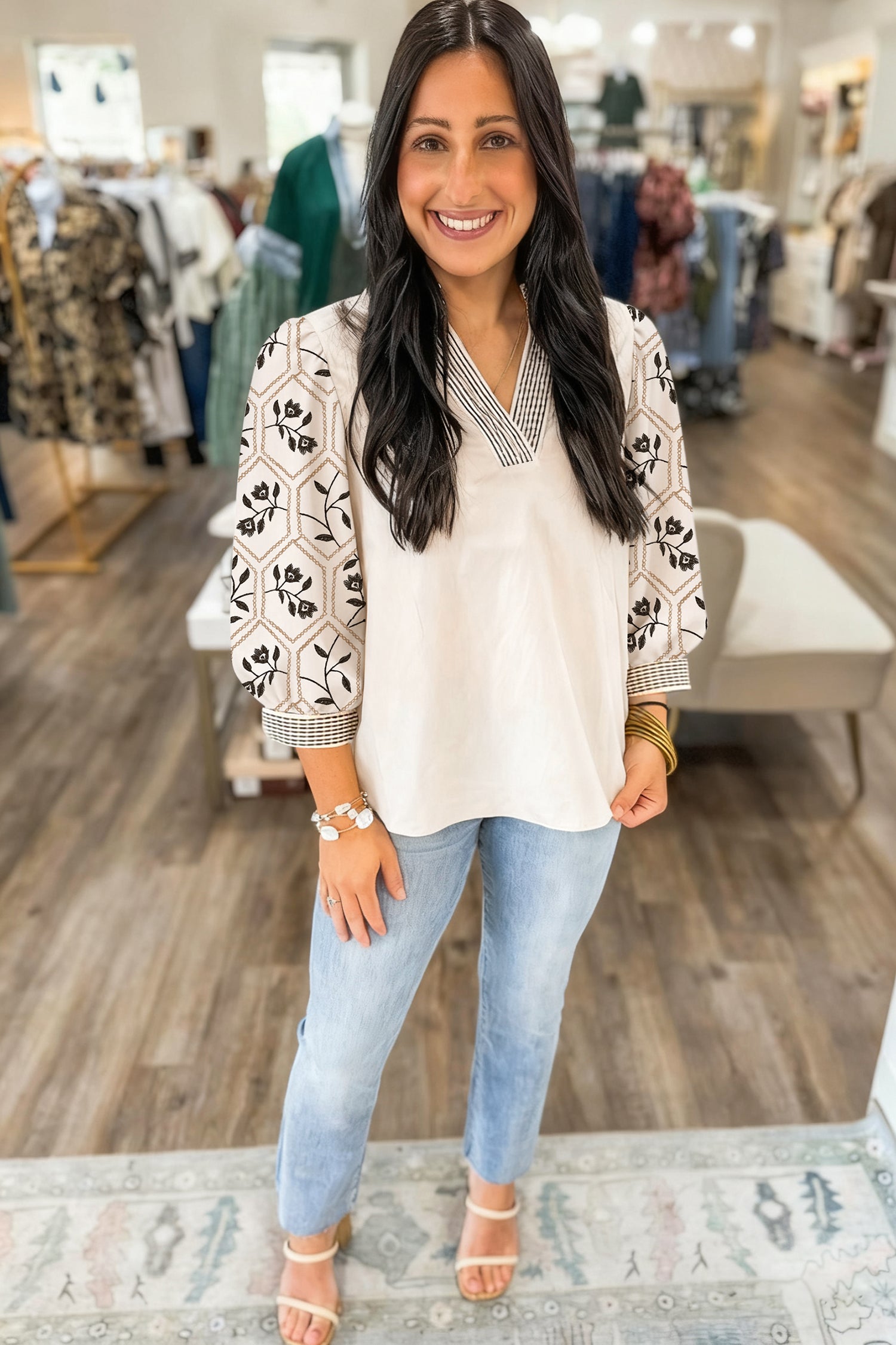 Floral Puff Sleeve Contrast V-Neck Patchwork Blouse