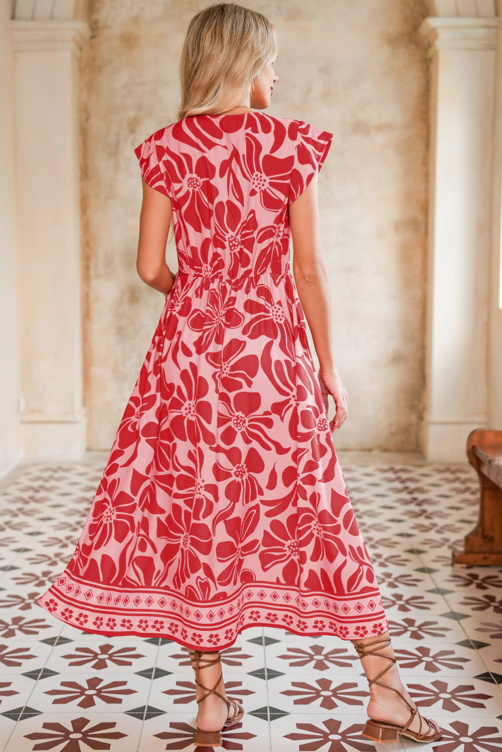 Boho Floral V-Neck Ruffle Shoulder Maxi Dress