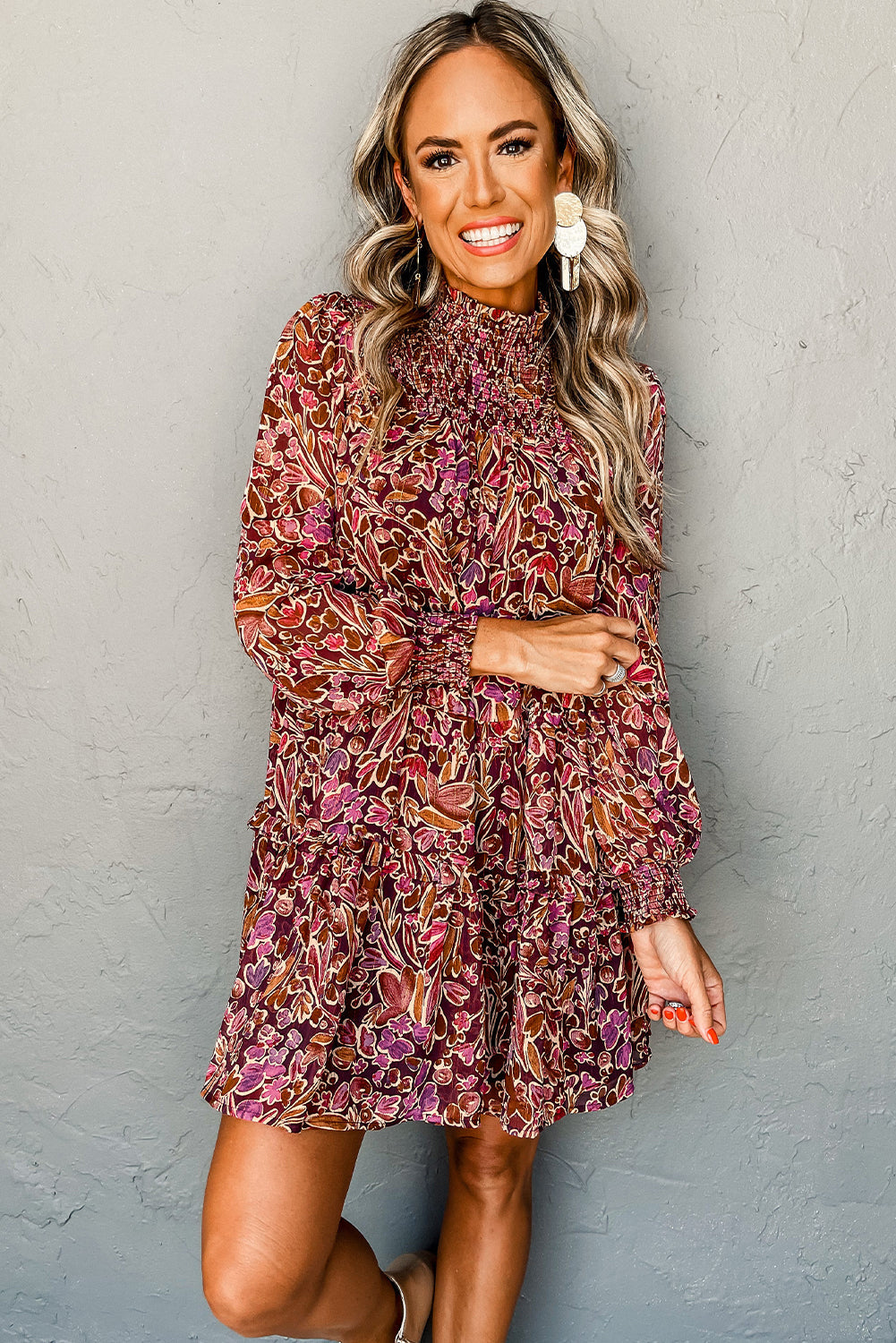 Floral Print Long Sleeve Shirred High Neck Loose Mini Dress - eAura