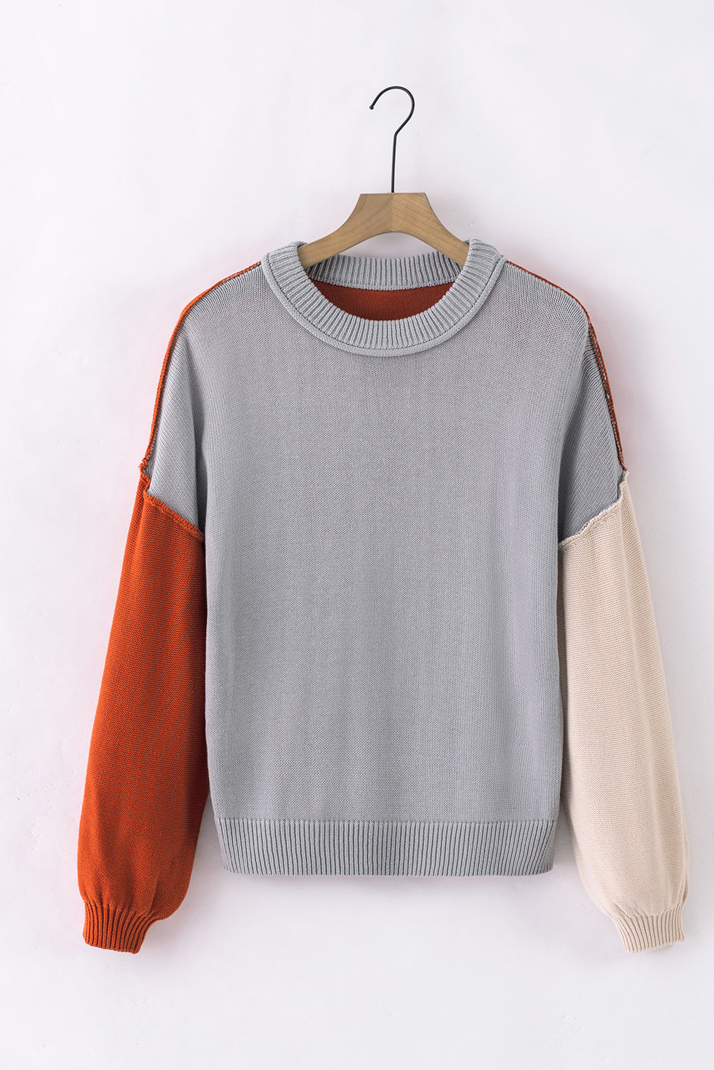 Pink Colourblock Bishop Sleeve Ribbed Trim Sweater eAura