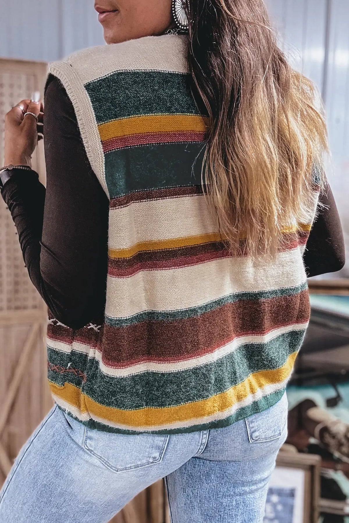 Striped Button Front Sleeveless Knit Regular Fit Sweater Vest – Multicolour