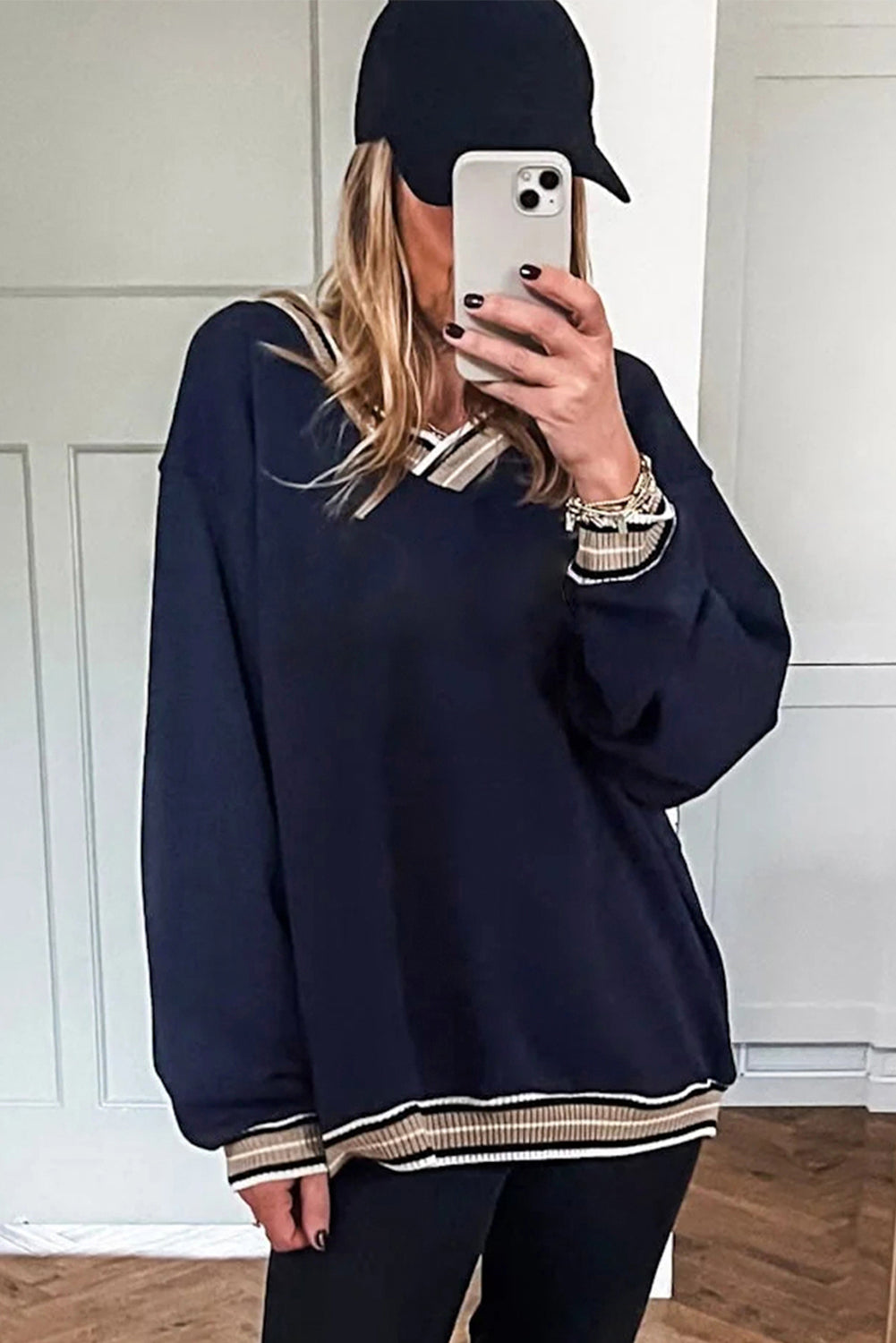 Varsity Contrast Trim V-Neck Sweatshirt - Tops/Sweatshirts & Hoodies