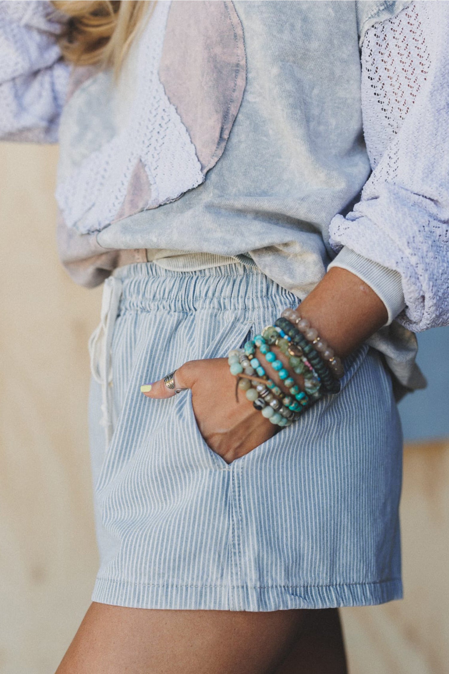 Drawstring Elastic Waist Casual Denim Shorts – Sky Blue Stripe